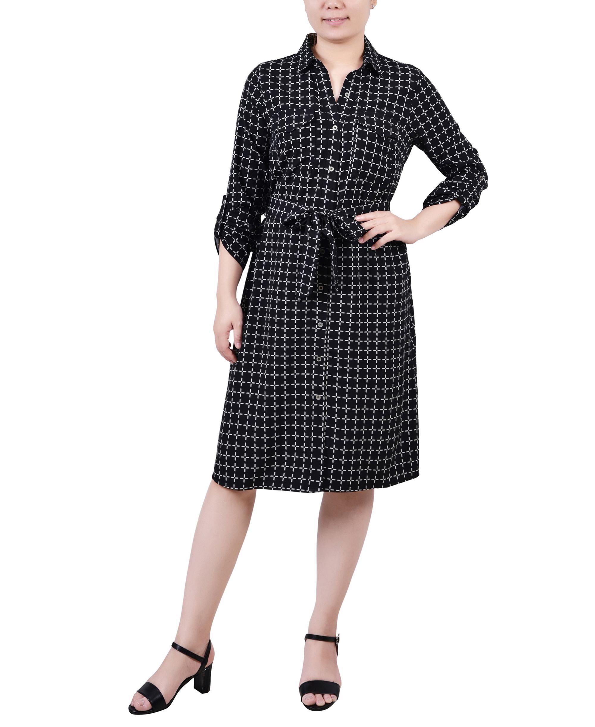Petite Geometric Printed Long-Sleeve Roll Tab Shirtdress