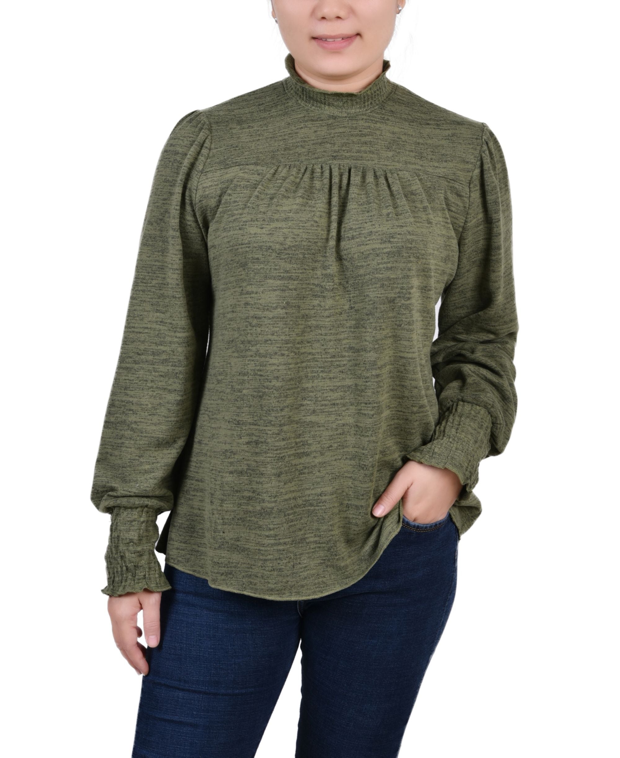 NY Collection Petite Long-Sleeve With Smocking Details Premium Top