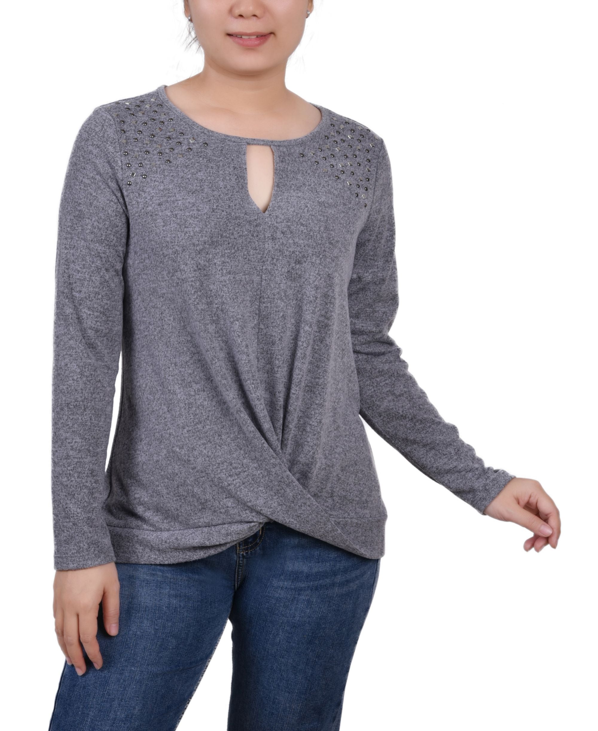 Petite Long-Sleeve Knit Keyhole Premium Top