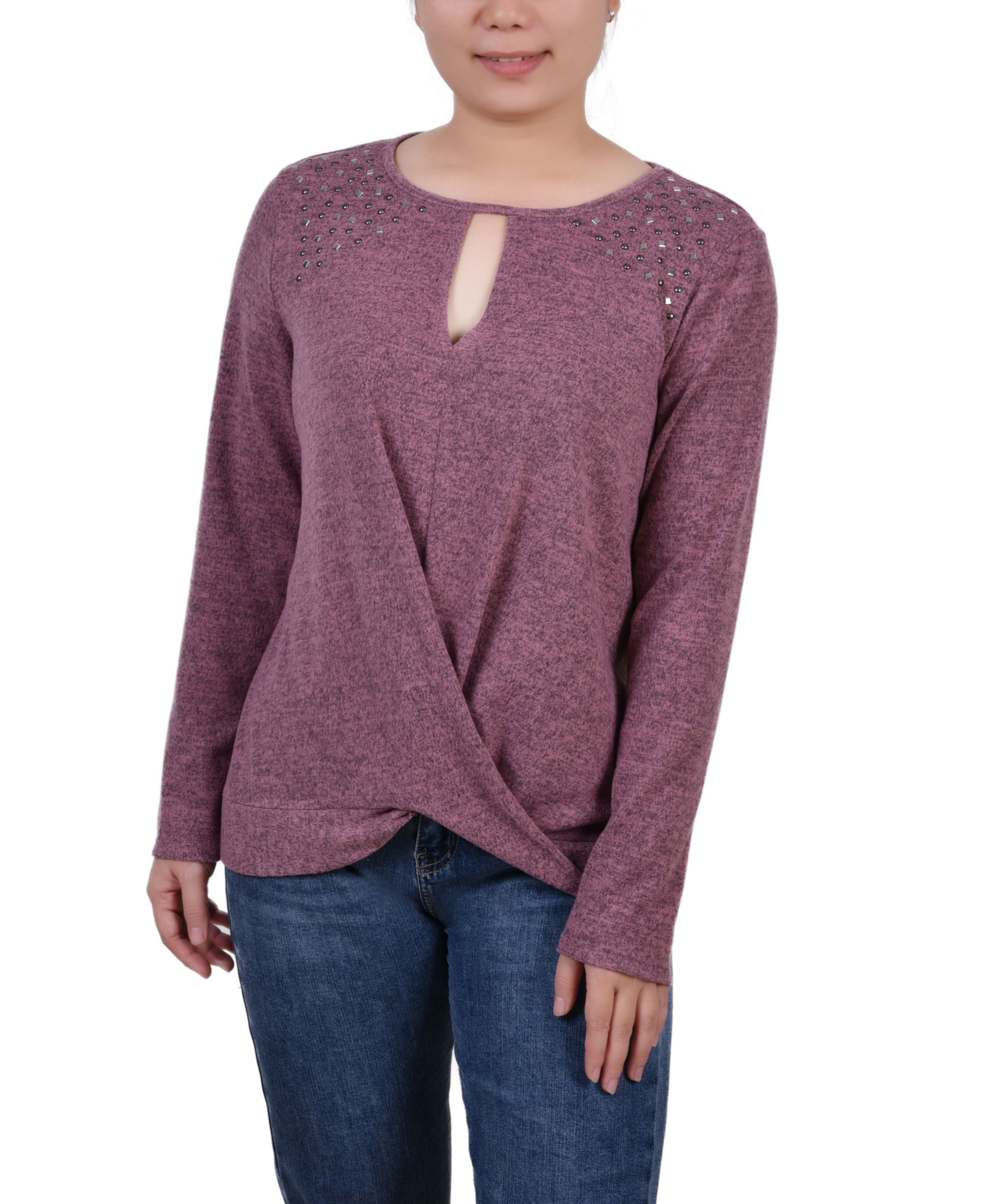 Petite Long-Sleeve Knit Keyhole Premium Top