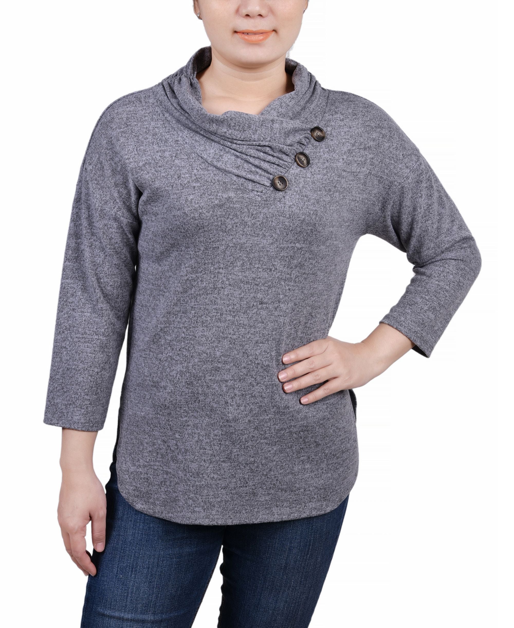 NY Collection Petite 3/4 Sleeve Crossover Cowl Neck Premium Top