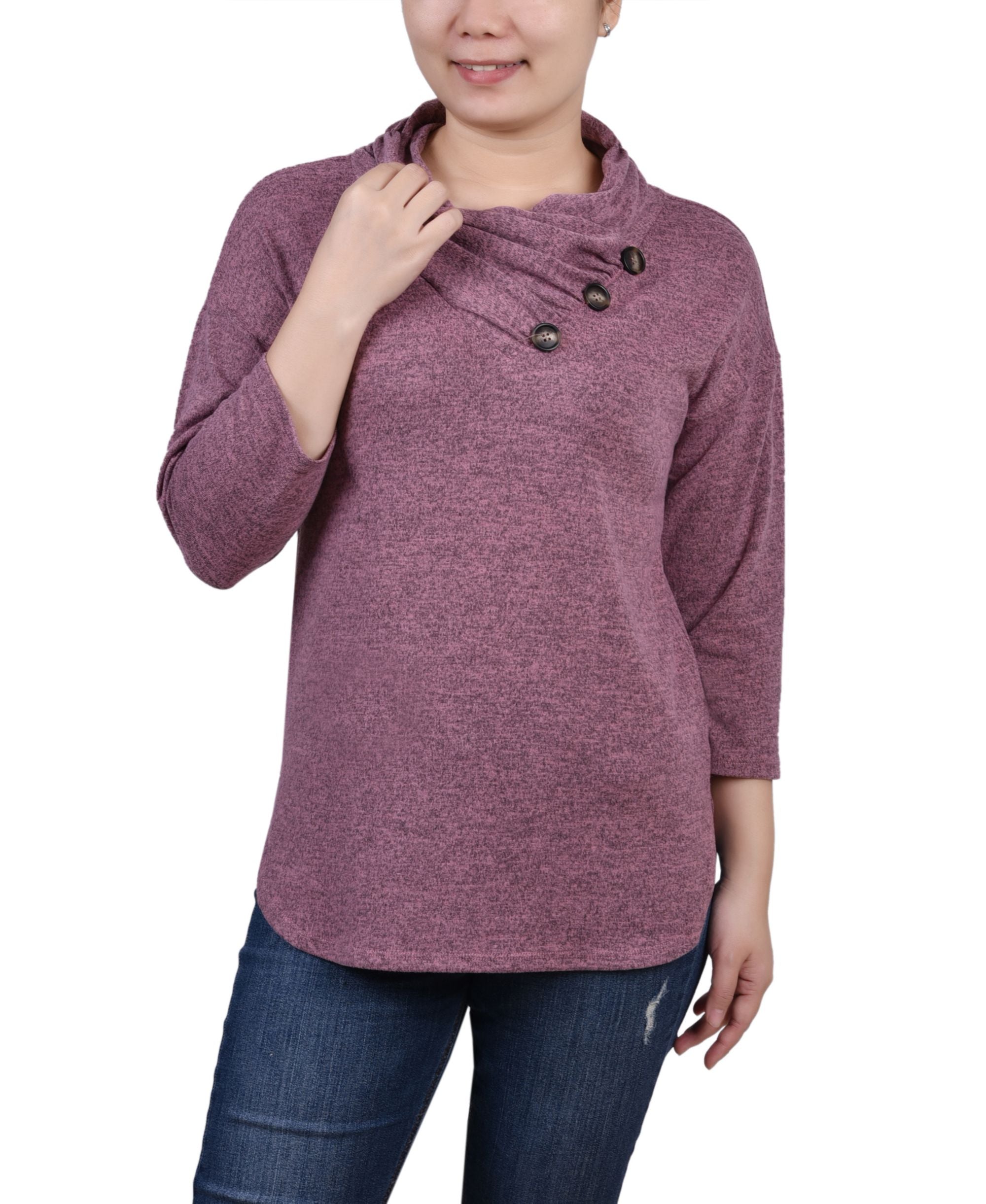 NY Collection Petite 3/4 Sleeve Crossover Cowl Neck Premium Top