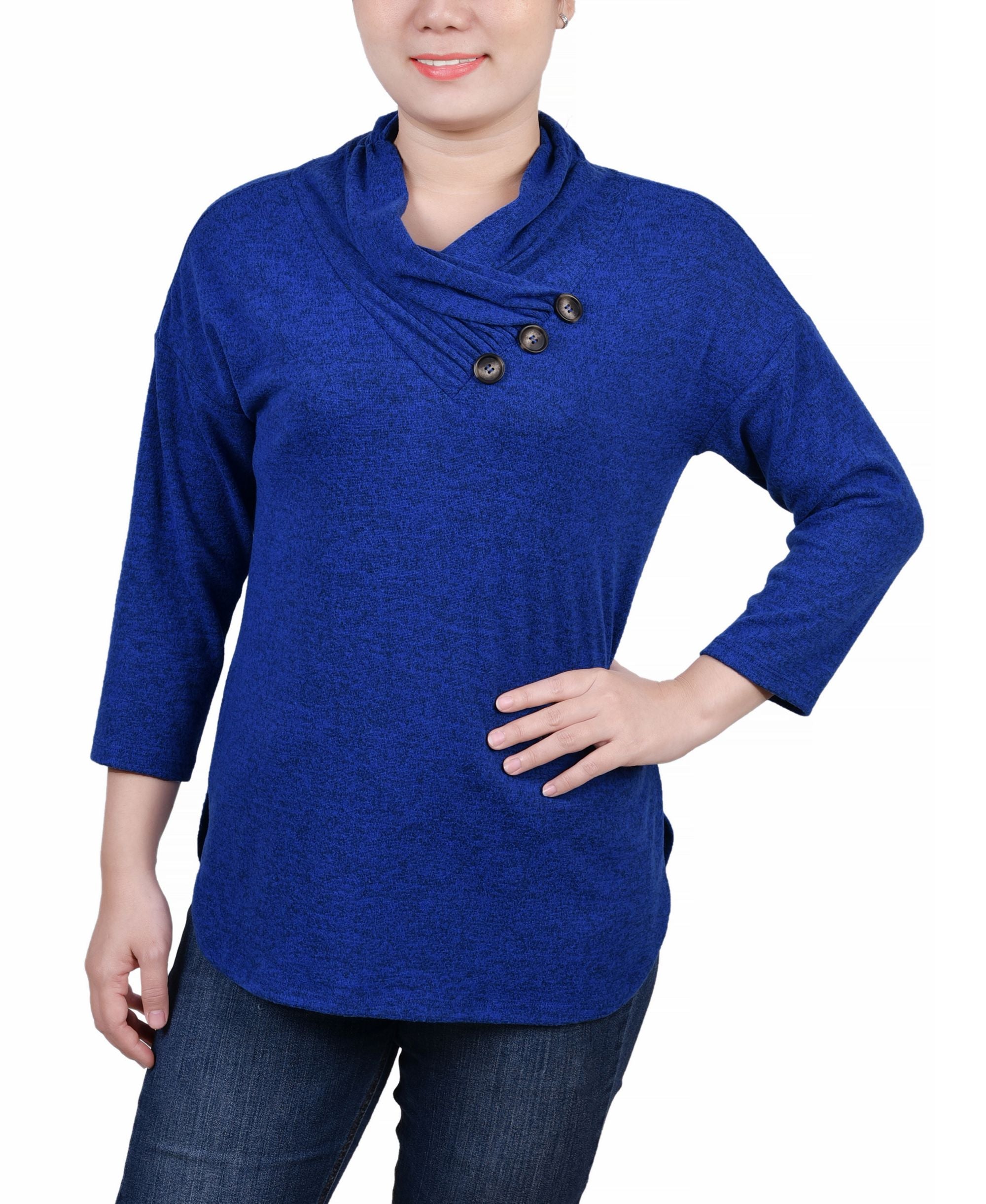 NY Collection Petite 3/4 Sleeve Crossover Cowl Neck Premium Top
