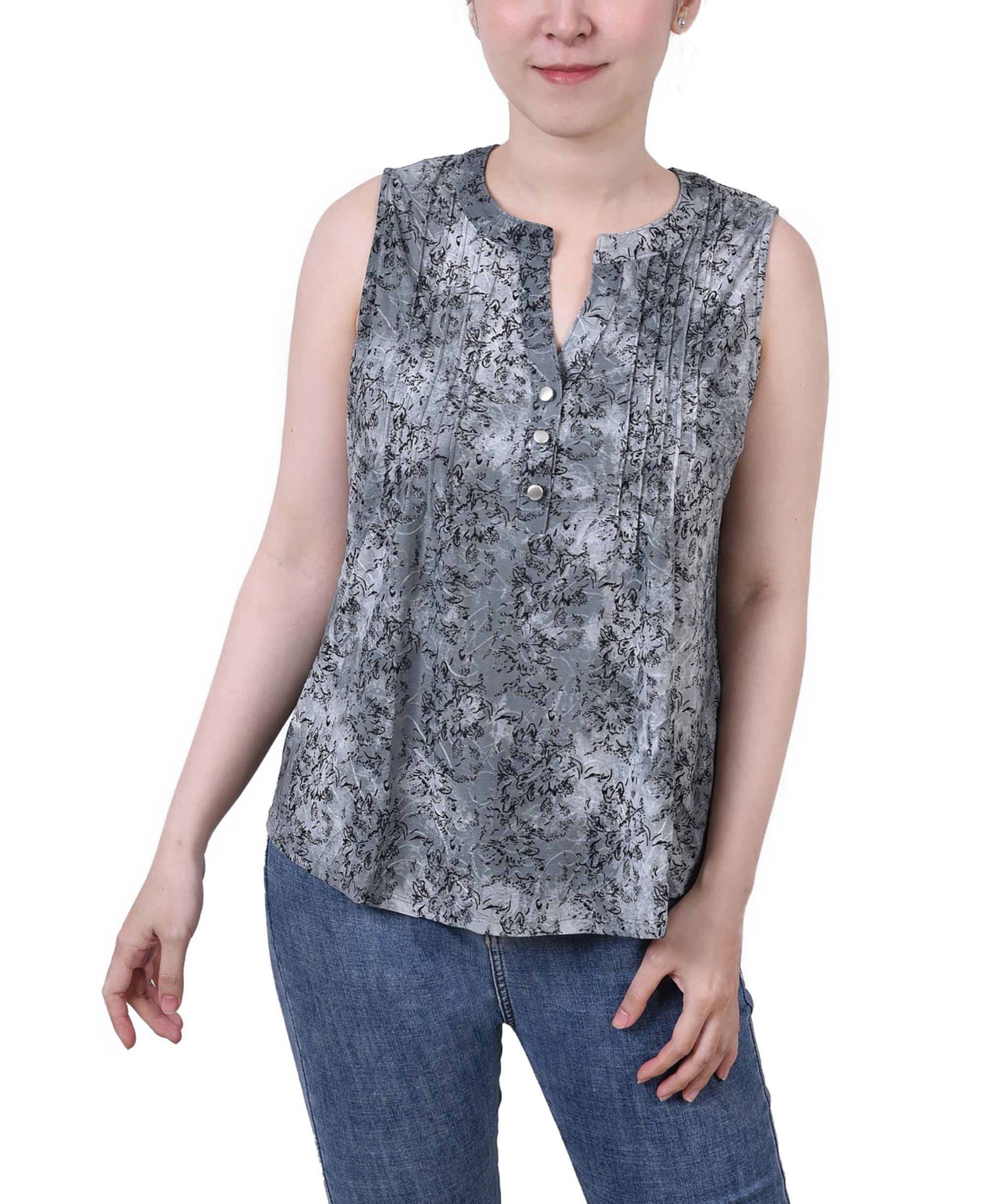 NY Collection Petite Sleeveless Jacquard Y Neck Premium Top
