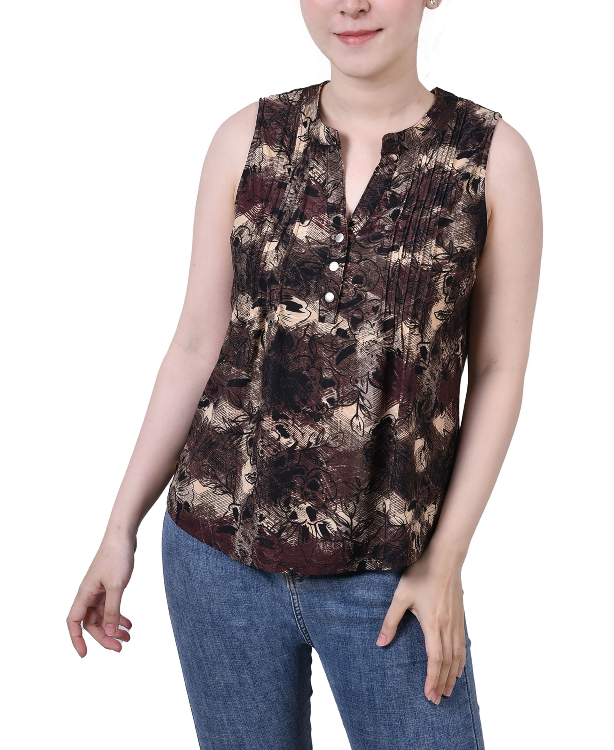 NY Collection Petite Sleeveless Jacquard Y Neck Premium Top