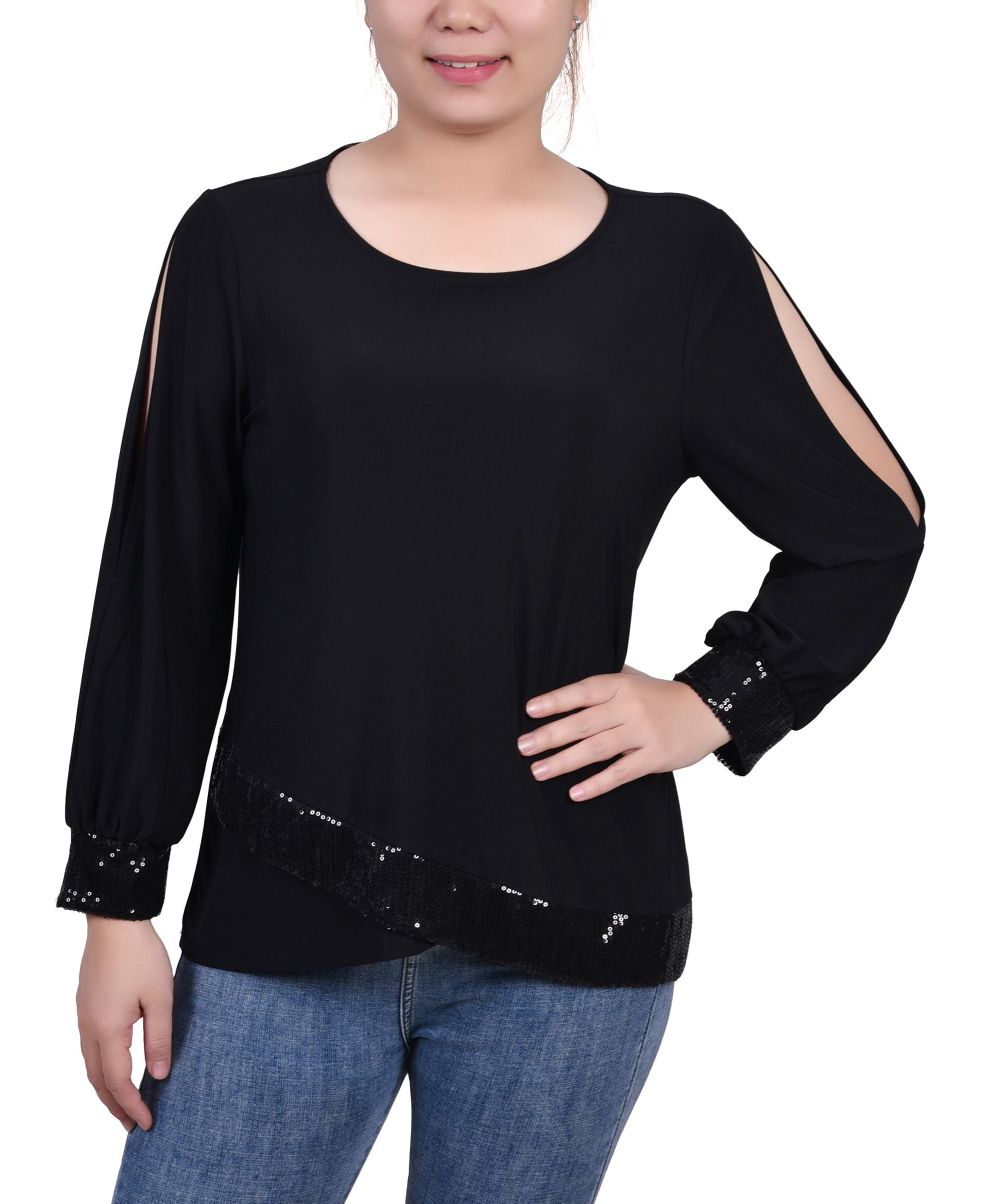 NY Collection Petite Long-Sleeve Knit Premium Top With Sequin Hem