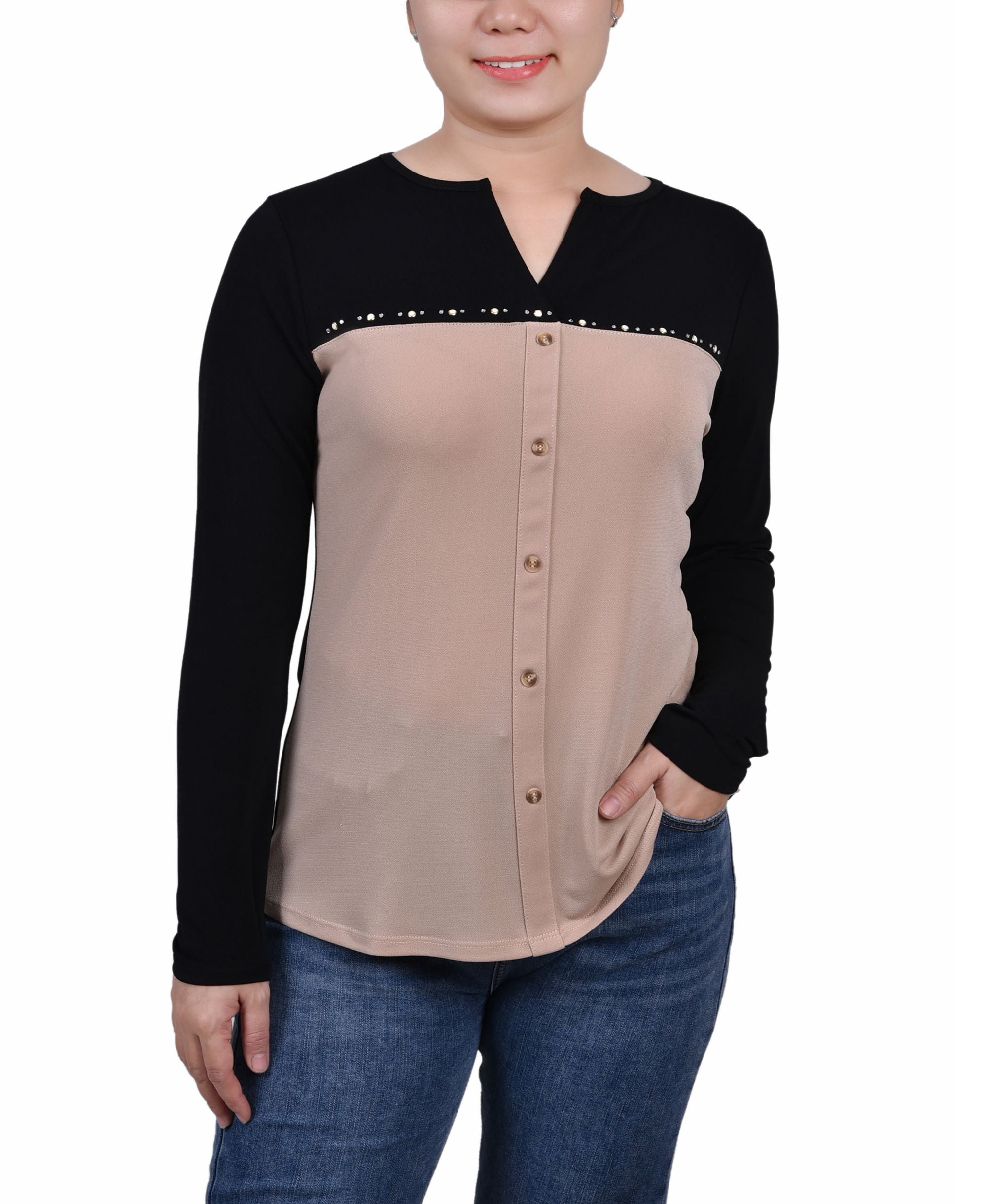 Petite Long-Sleeve Studded Colorblocked Split Neck Premium Top