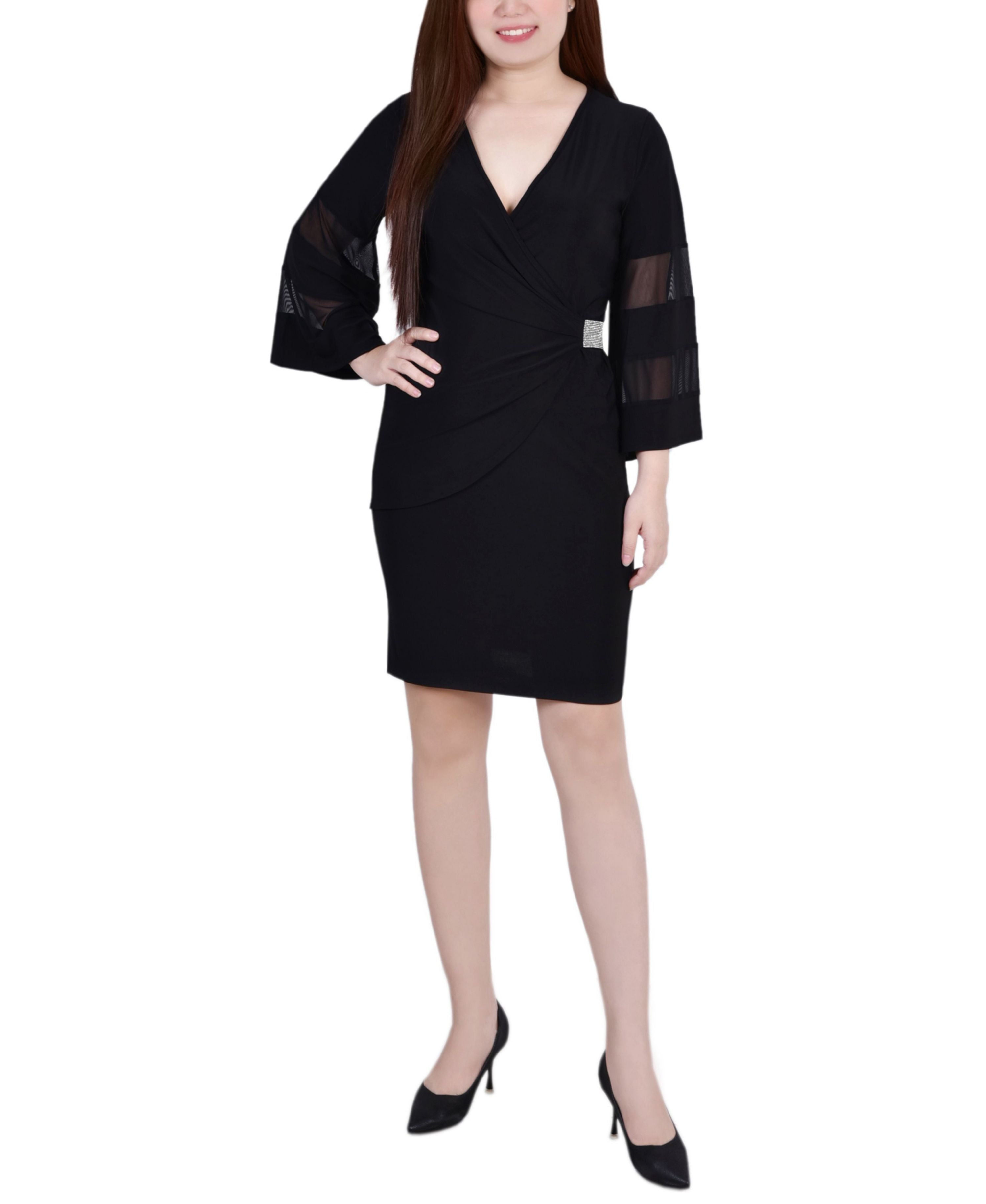 Petite Sheer-Sleeve Wrap Dress