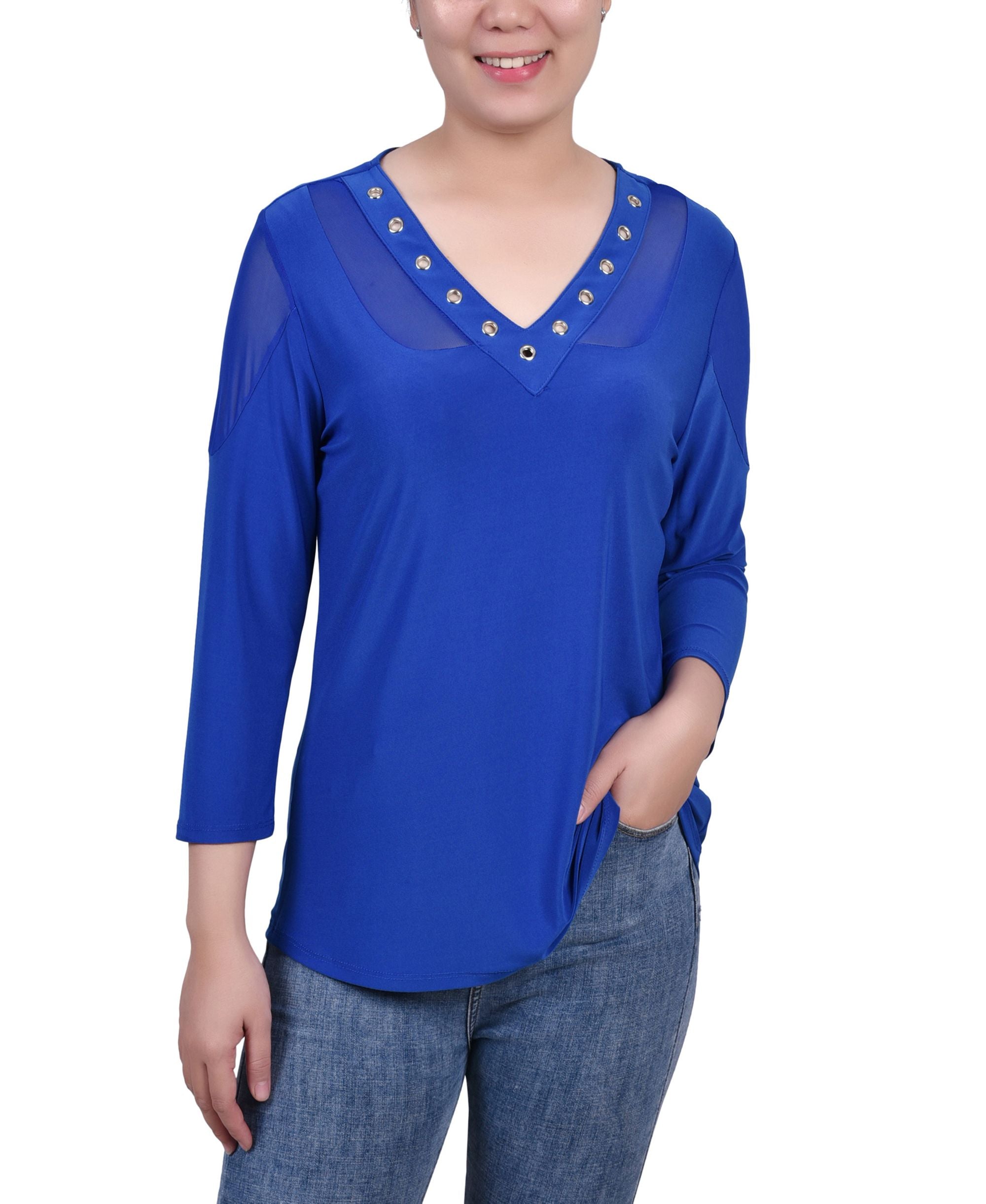 NY Collection Petite Long-Sleeve Premium Top With Mesh Insets