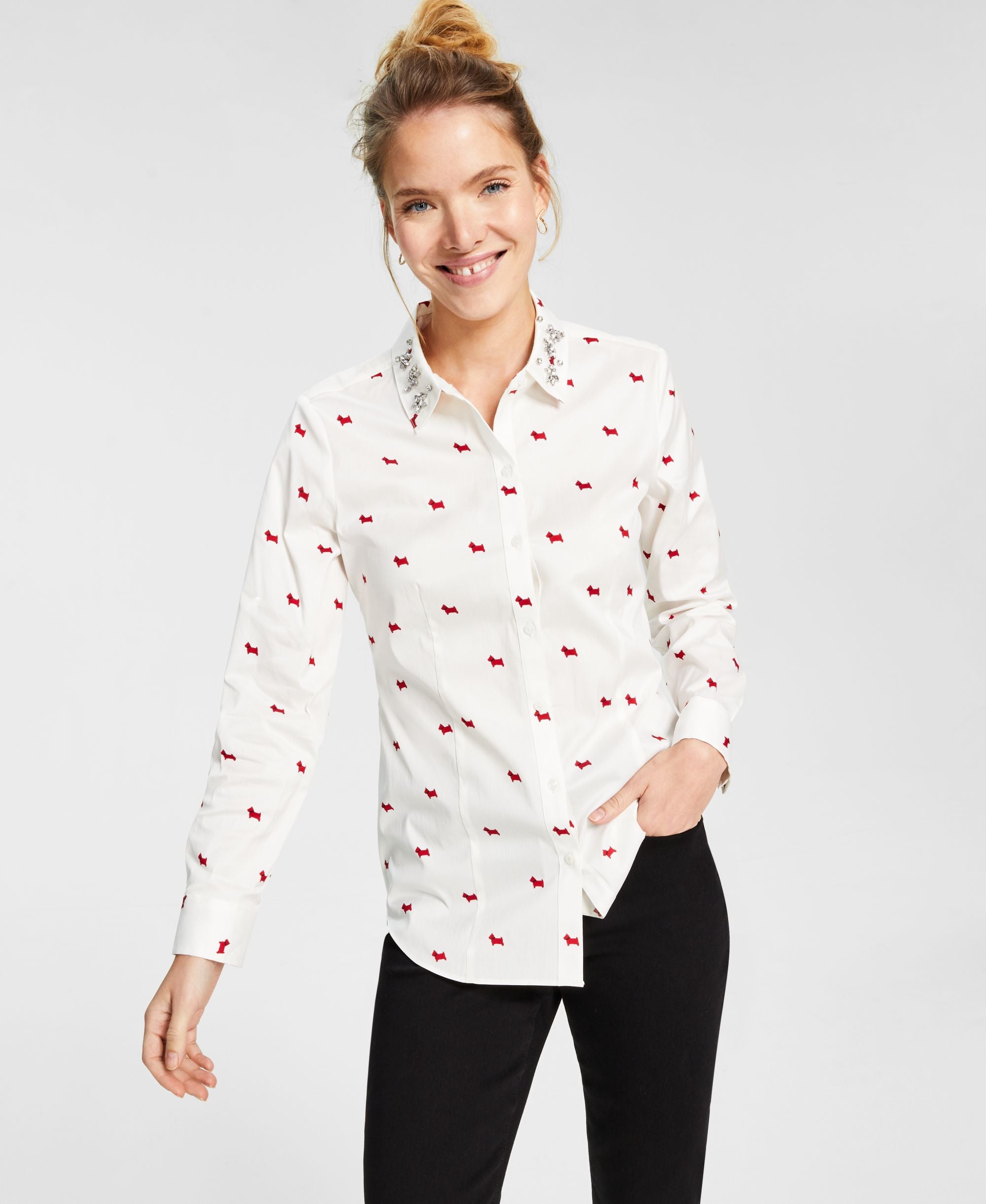 Charter Club Womens Dog Print Embellished Modern Shirt