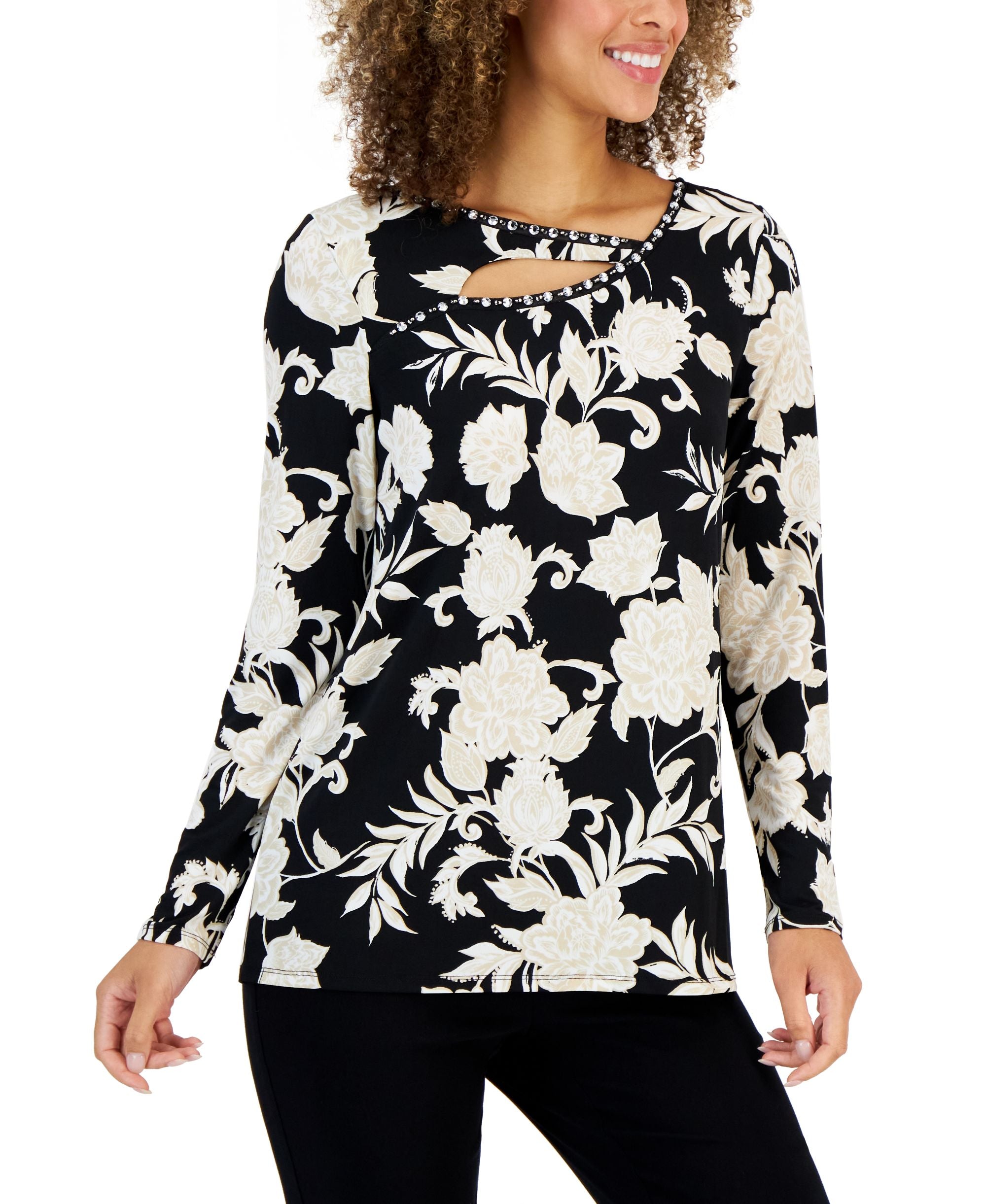 JM Collection Petite Elaborate Festive Embellished Cutout Premium Top