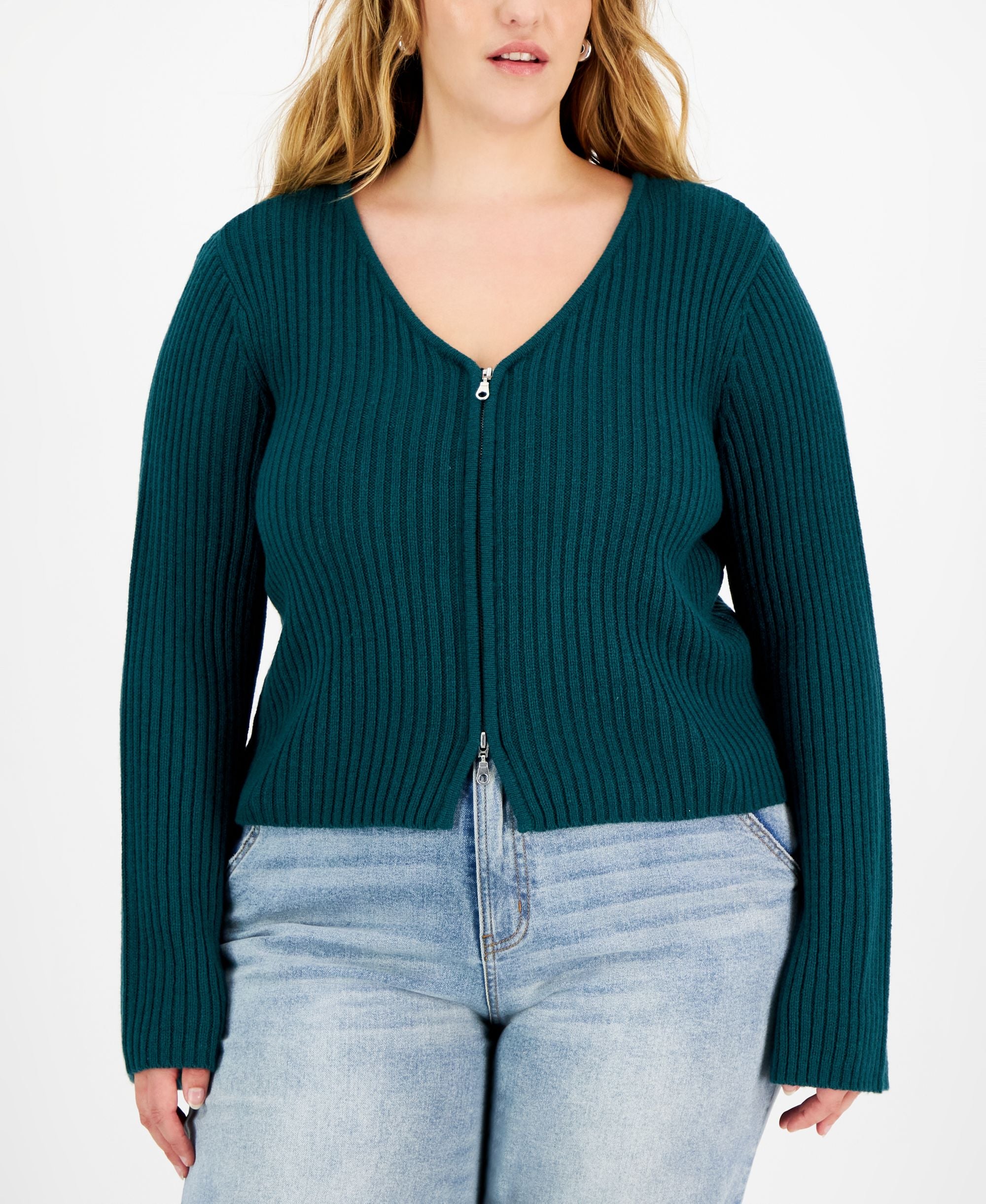 Modern Plus Size V-Neck Zip-Up Sweater
