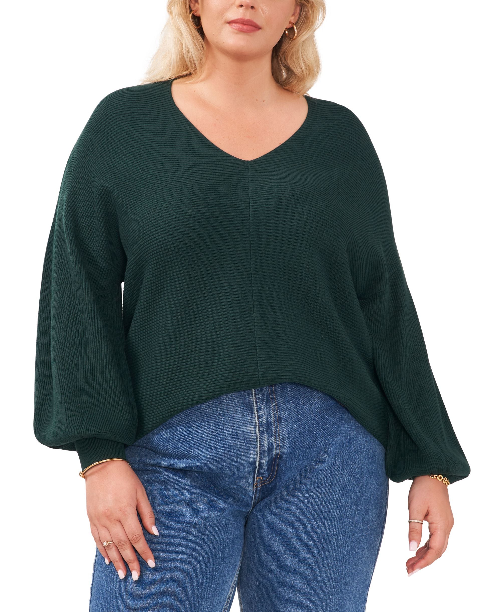 1.State Modern Plus Size V Neck Bubble Sleeve Sweater