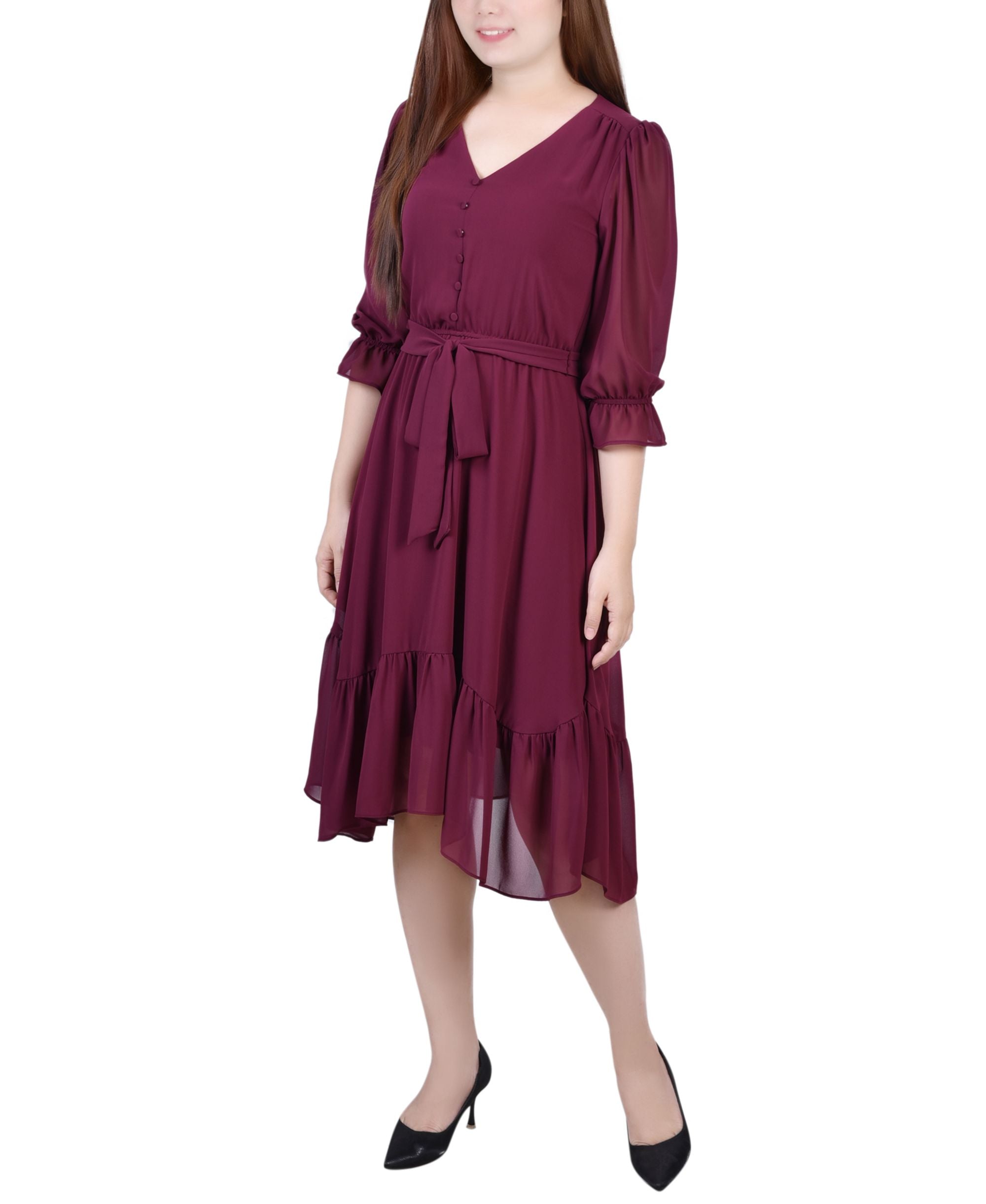 NY Collection Petite 3/4 Sleeve V Neck Flounced Dress