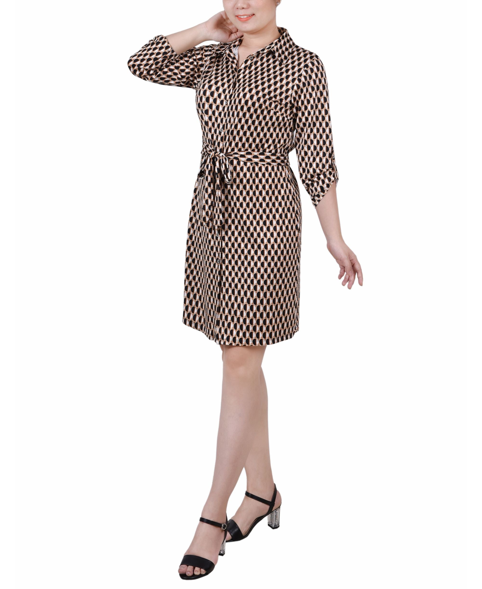 Petite 3/4-Sleeve Printed Modern Shirt Dress