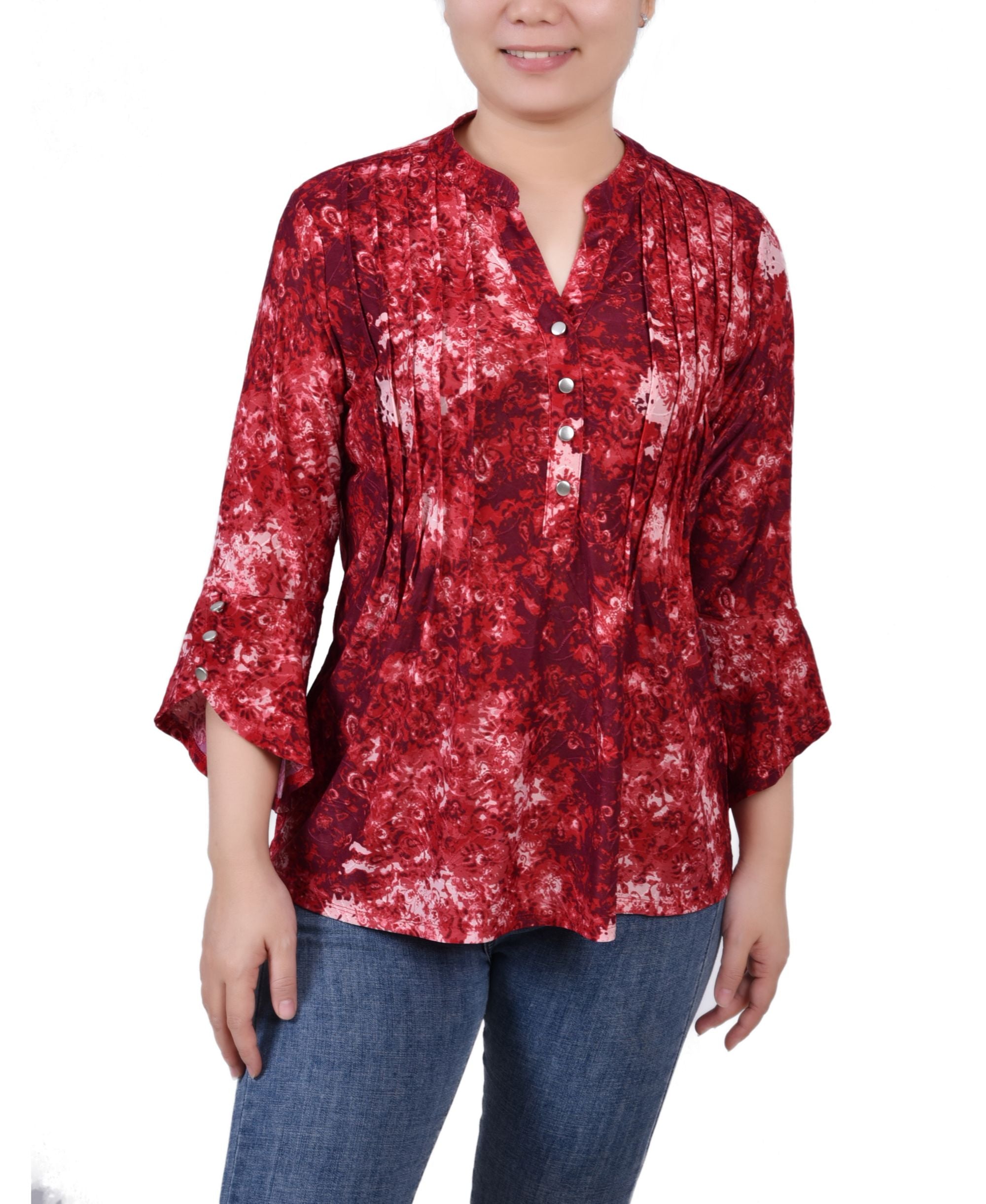 Petite 3/4 Sleeve Overlapped Bell Sleeve Y-neck Premium Top