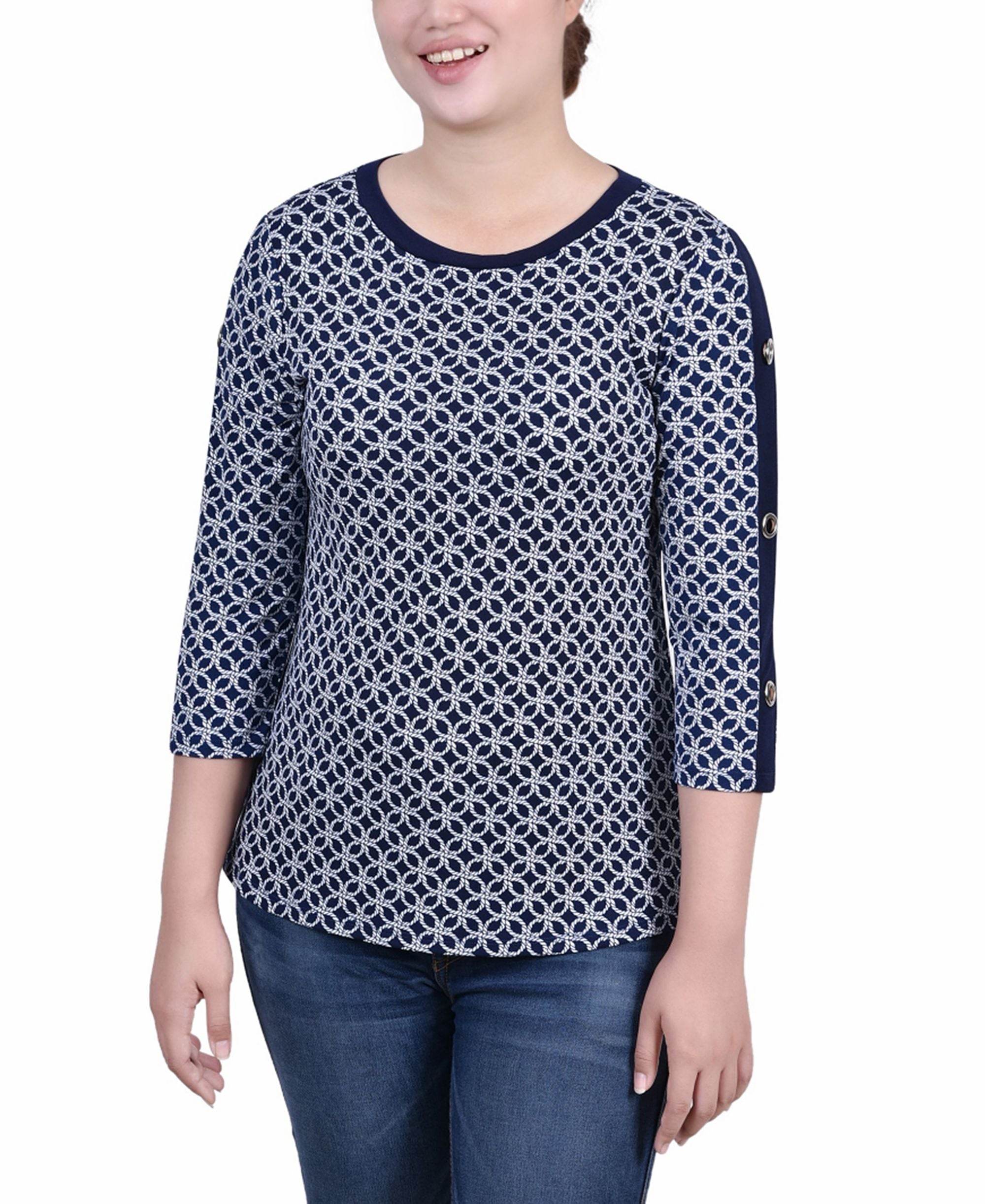 NY Collection Petite 3/4 Sleeve With Combo Bands Grommets Premium Top