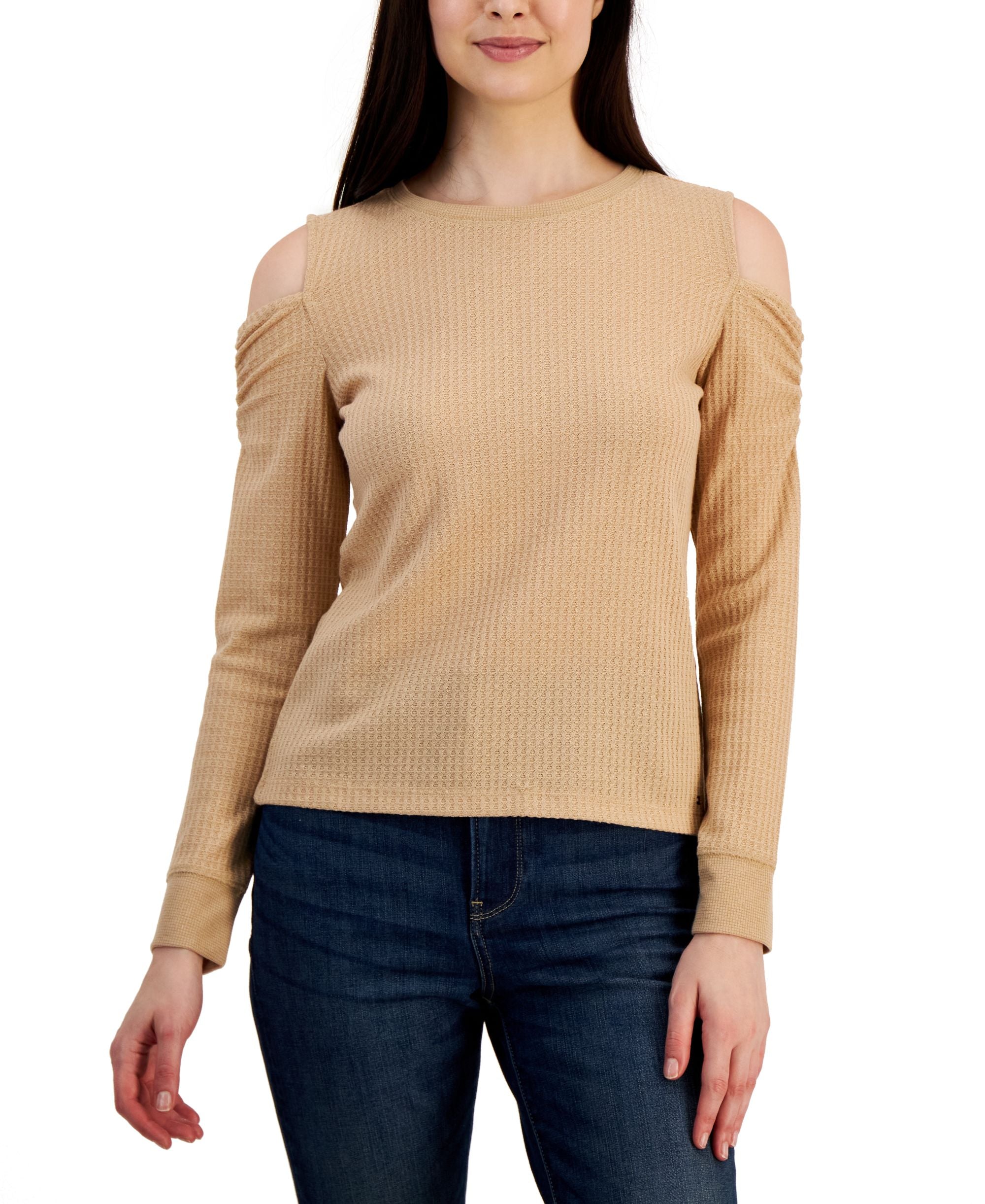 Tommy Hilfiger Womens Metallic Waffled Cold Shoulder Modern Shirt