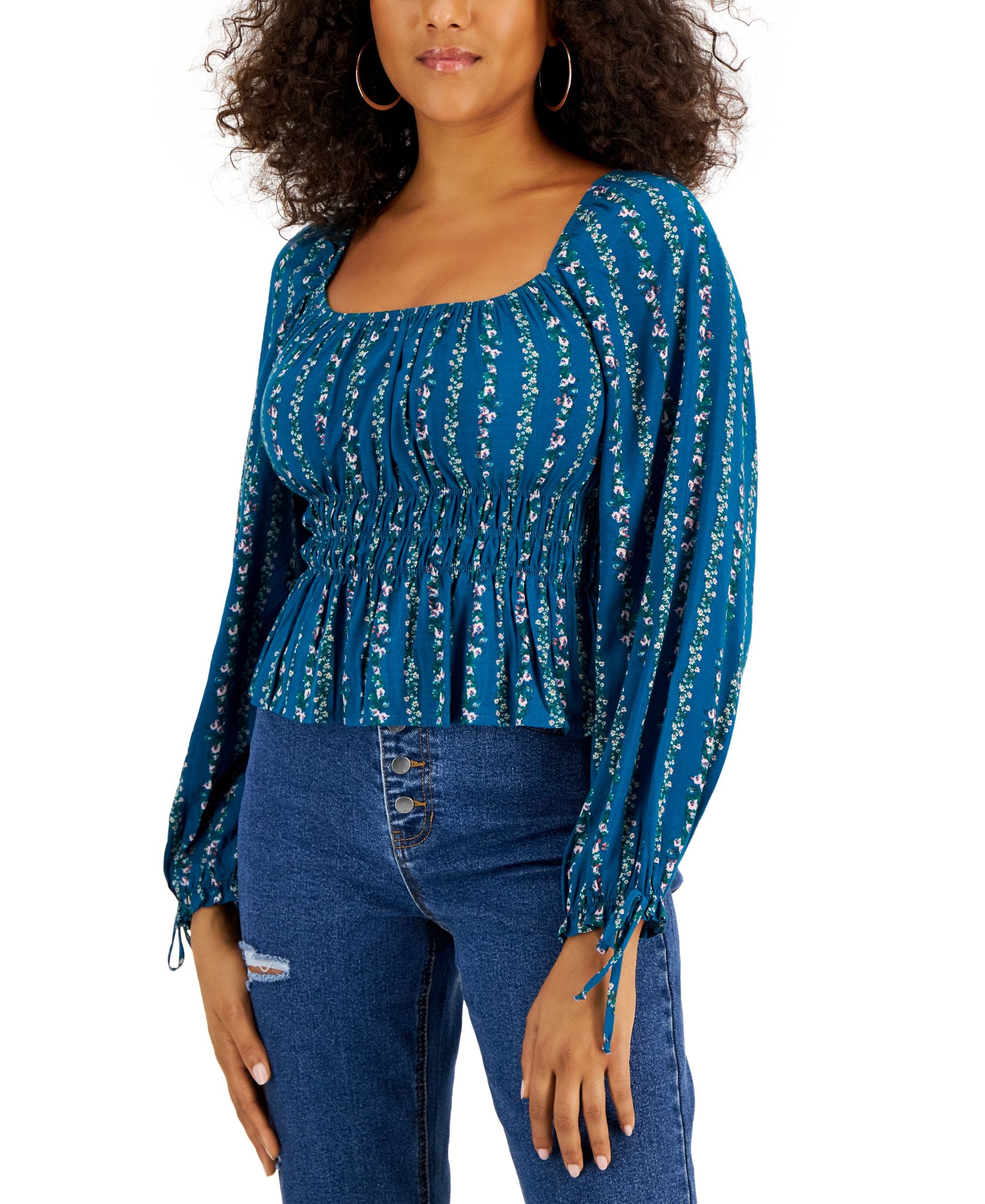 Juniors' Emma Smocked-Waist Floral Premium Top