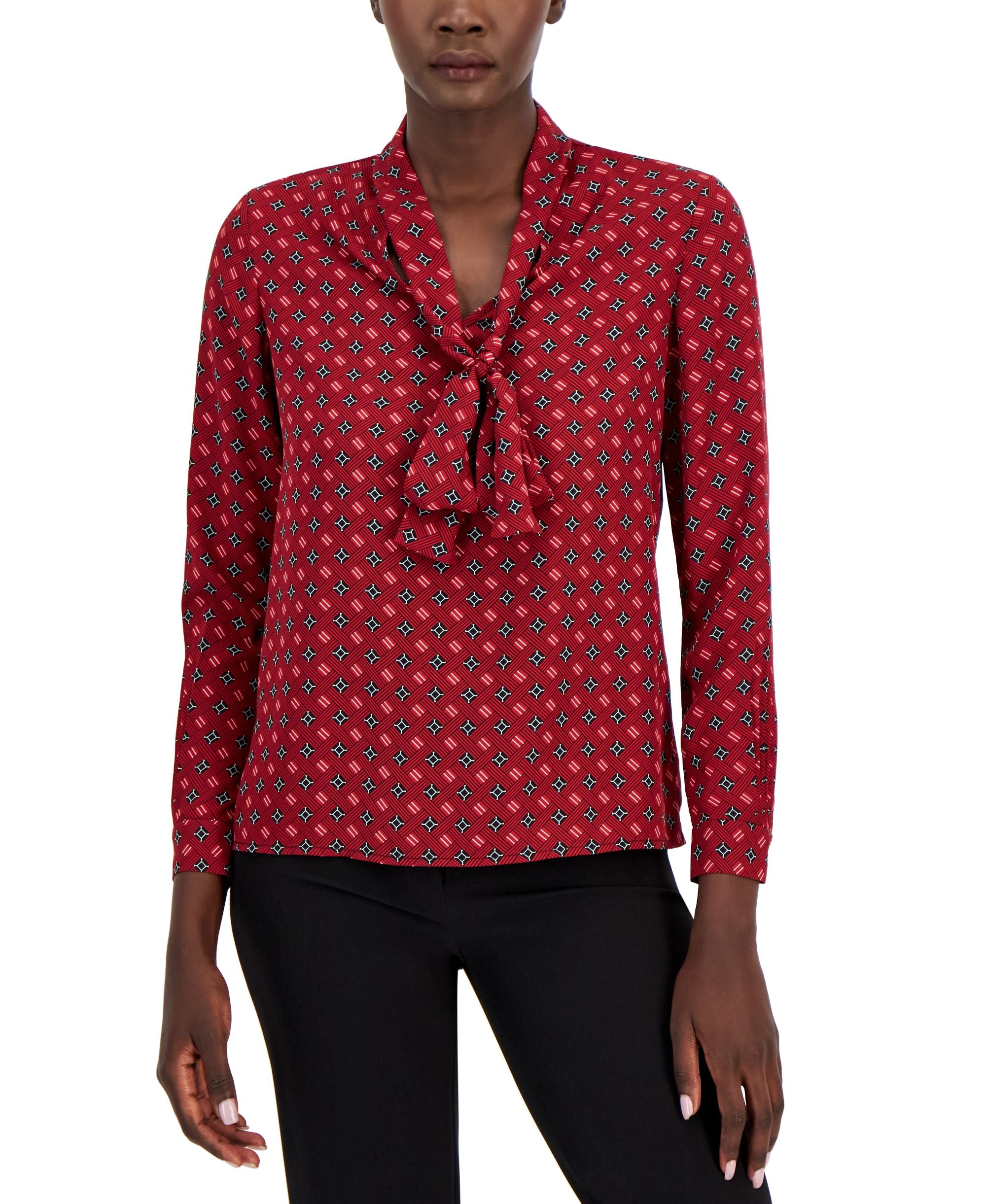 Anne Klein Womens Printed Satin Twill Tie Neck Signature Blouse