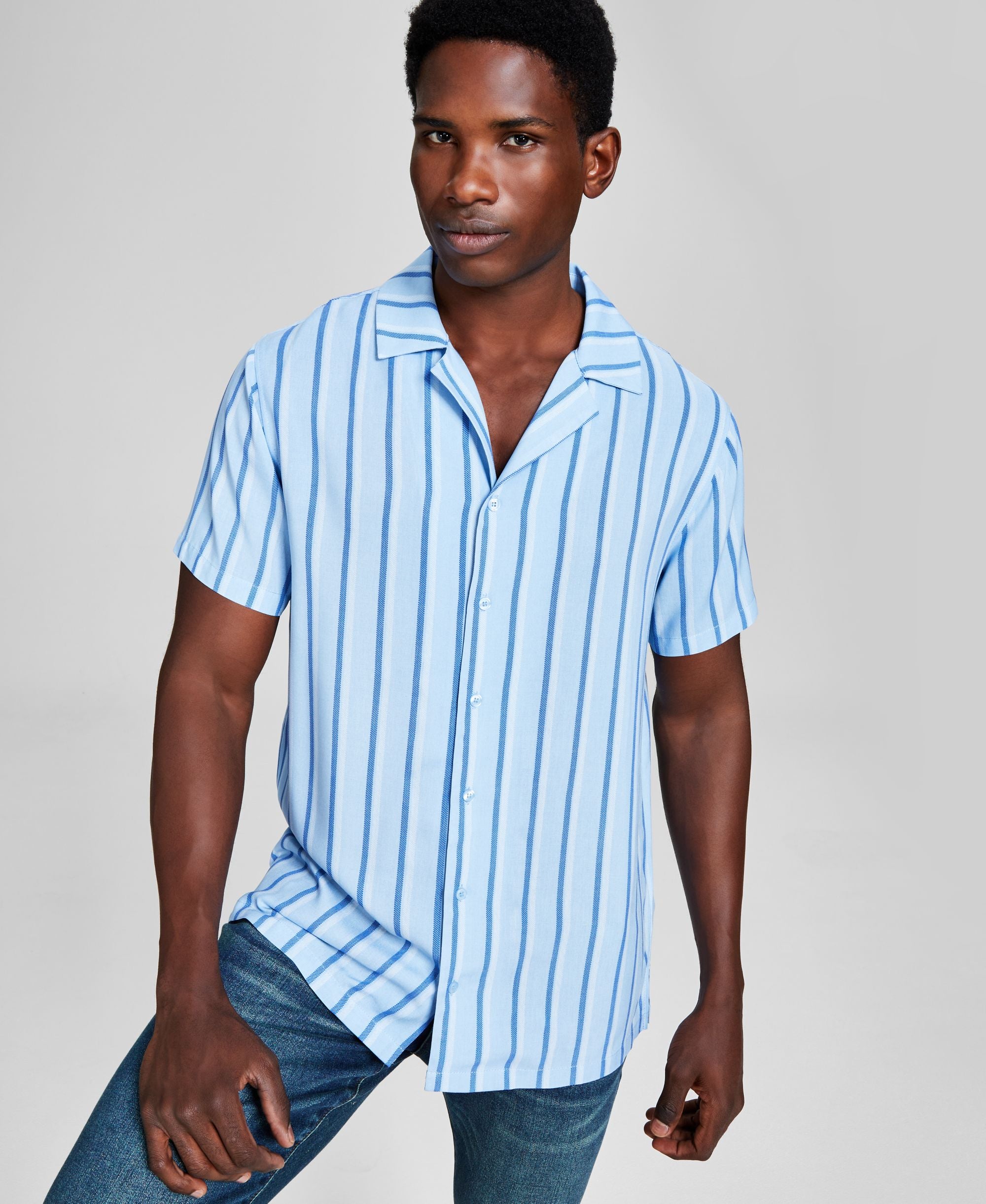 Men's Striped Woven Short-Sleeve Camp Modern Shirt
