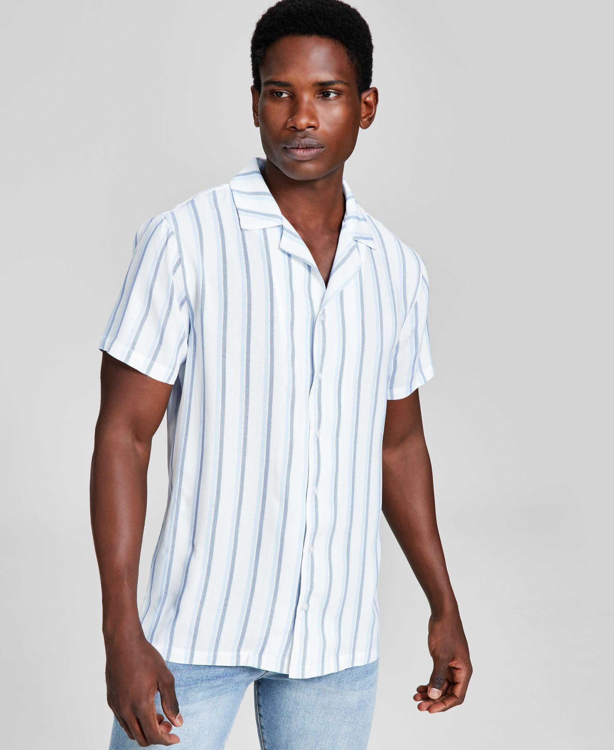 Men's Striped Woven Short-Sleeve Camp Modern Shirt