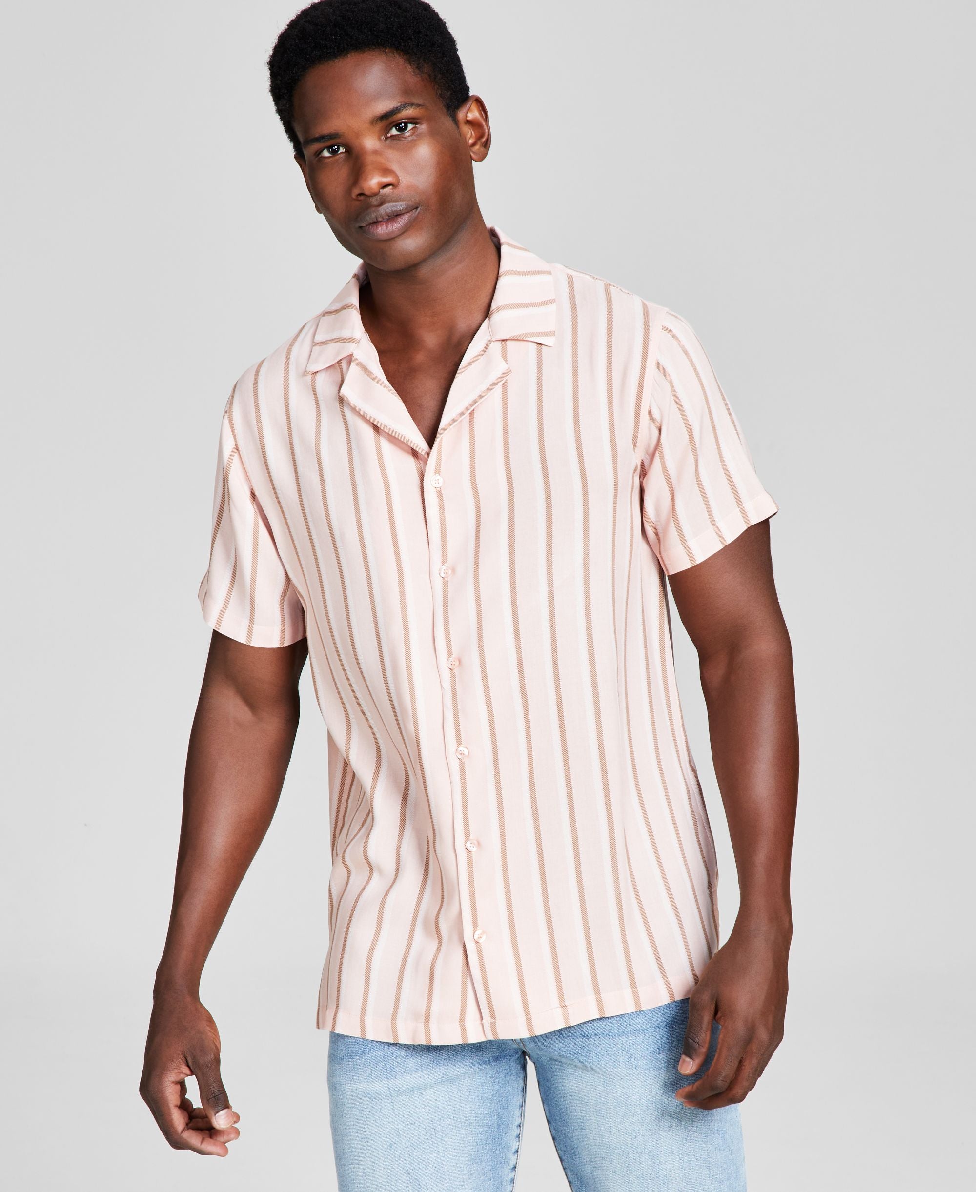 Men's Striped Woven Short-Sleeve Camp Modern Shirt