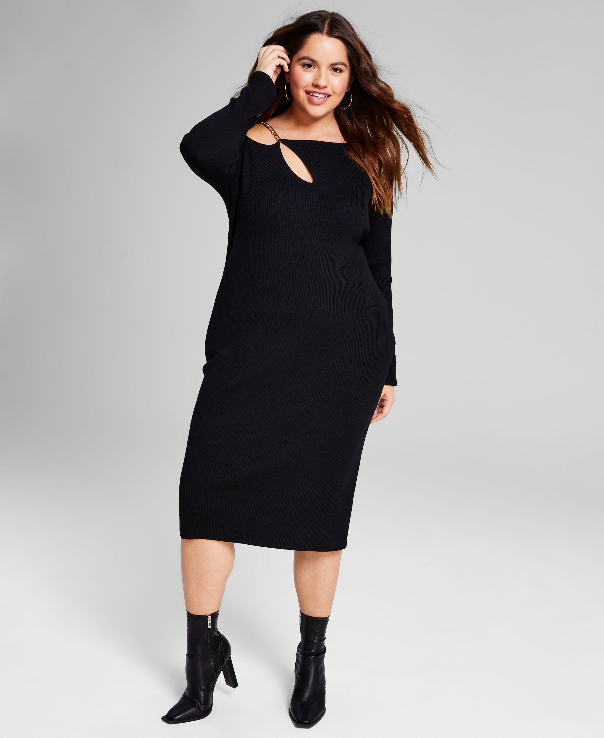 Modern Plus Size Chain Strap Ribbed Knit Sweater Dress