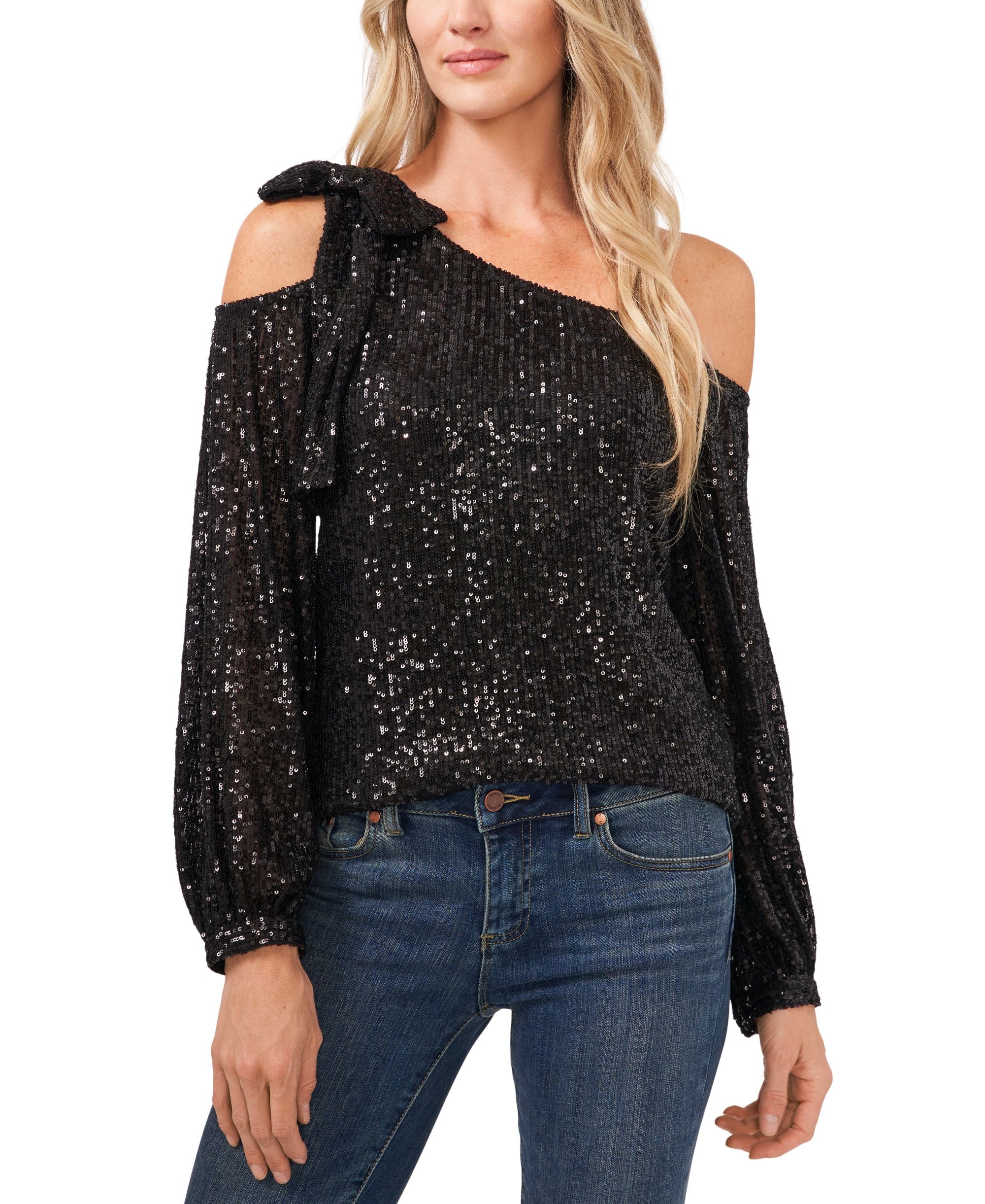 Women's Long-Sleeve Sequin Bow Detail One-Shoulder Premium Top