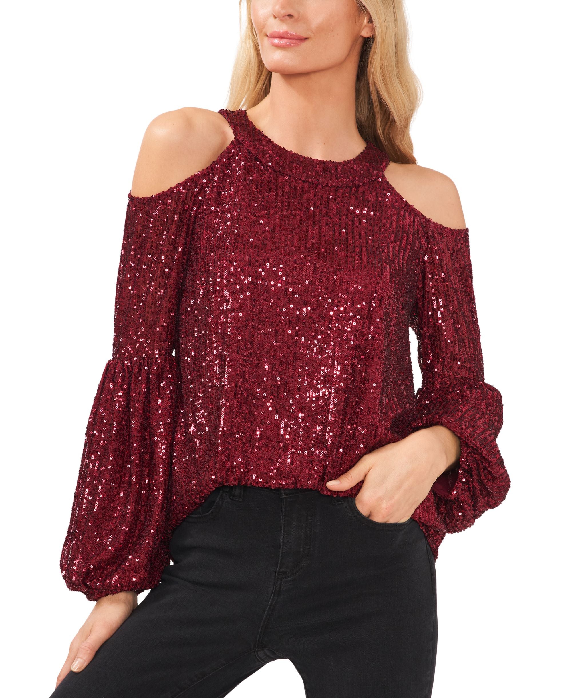 Cece Womens Sequined Cold Shoulder Signature Blouse