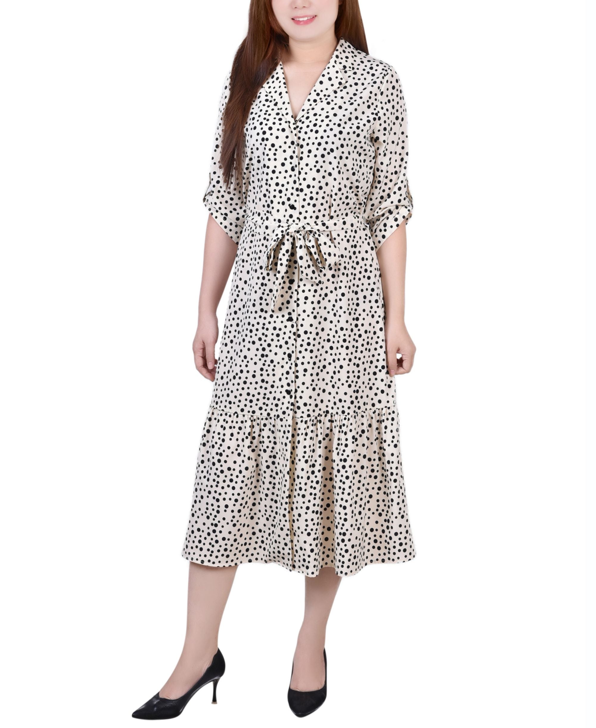 NY Collection Petite Long-Sleeve Tiered Flounce Dress With Belt