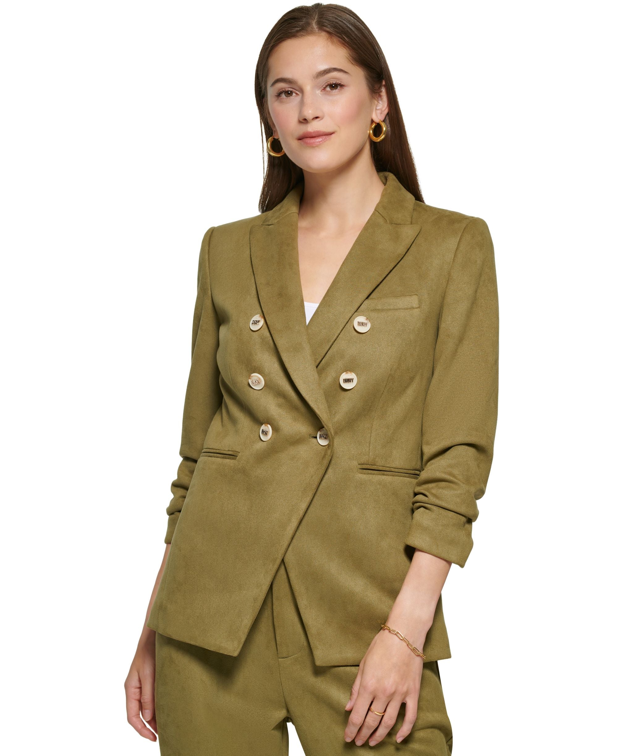 Women's Faux-Suede Double-Breasted Ruched-Sleeve Jacket