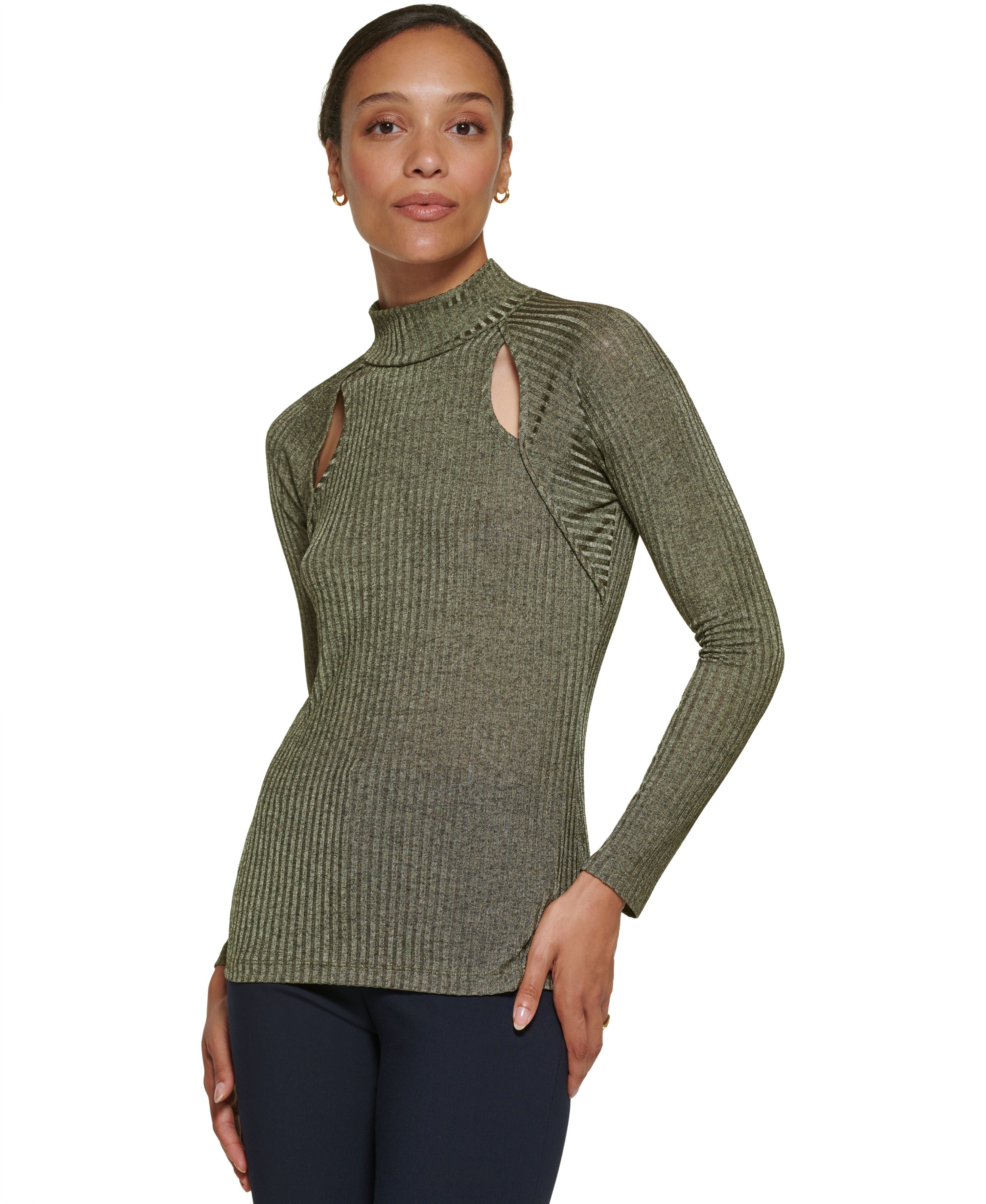 Women's Ribbed Long-Sleeve Cut-Out Sweater Premium Top