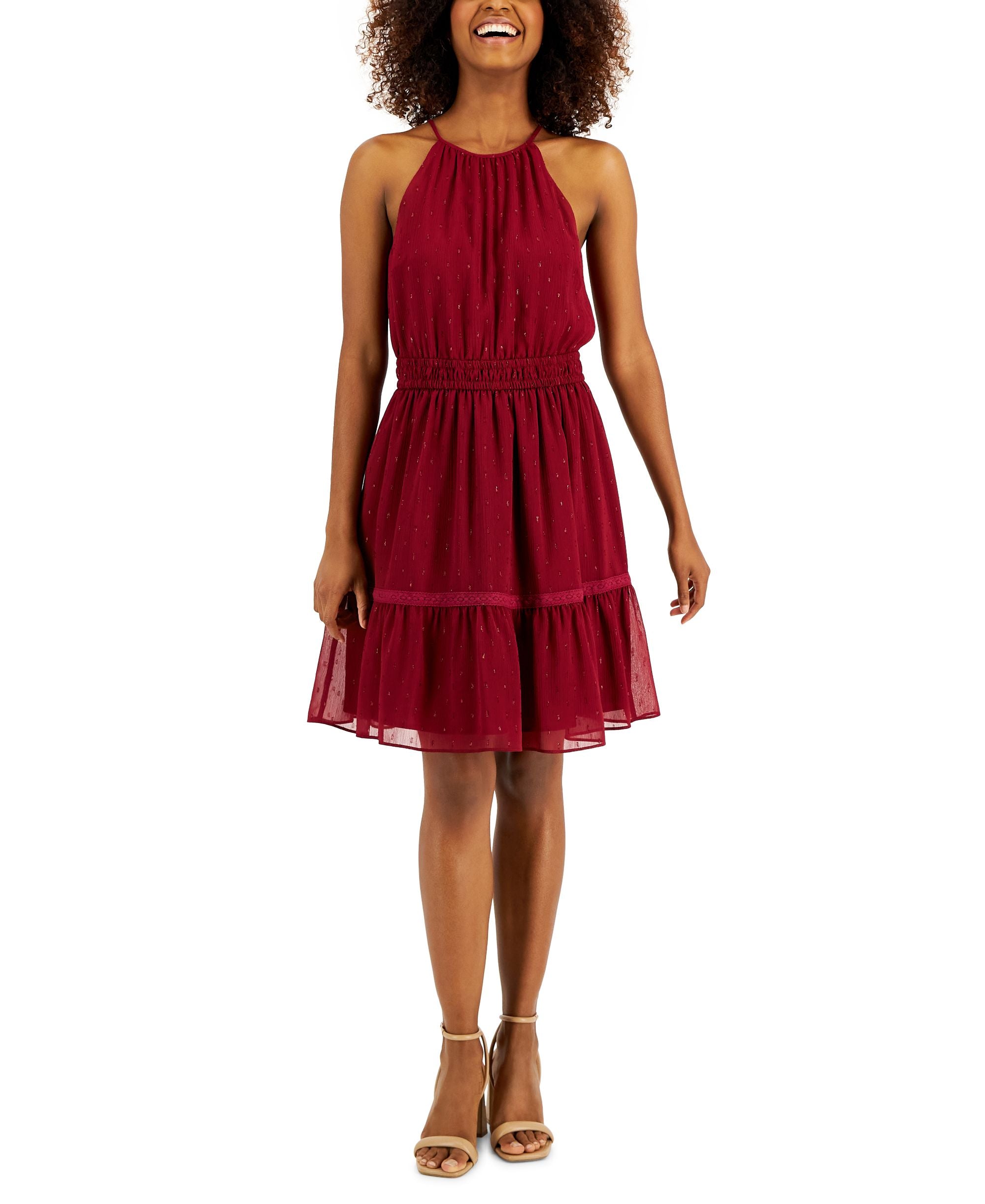 International Concepts Womens Clip Dot Tiered Flounce Halter Mini Dress