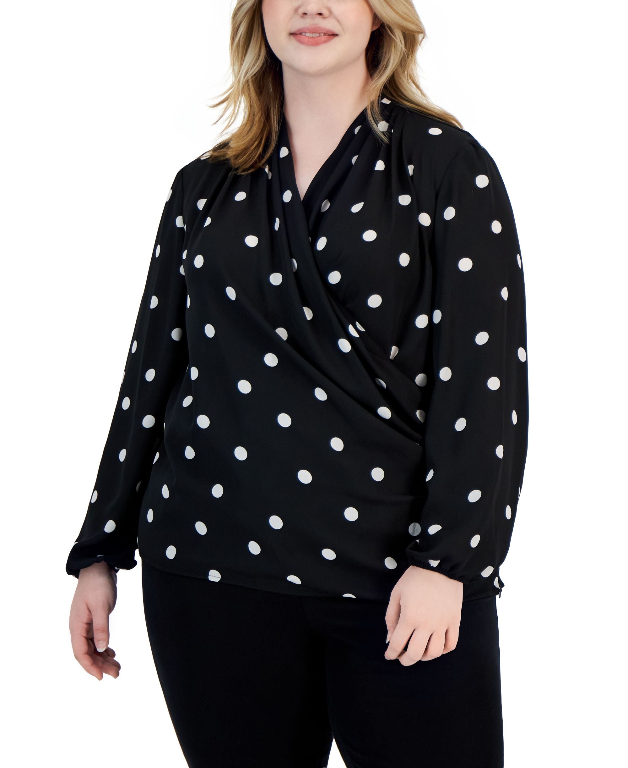 Plus Size Faux-Wrap Draped Long-Sleeve Signature Blouse