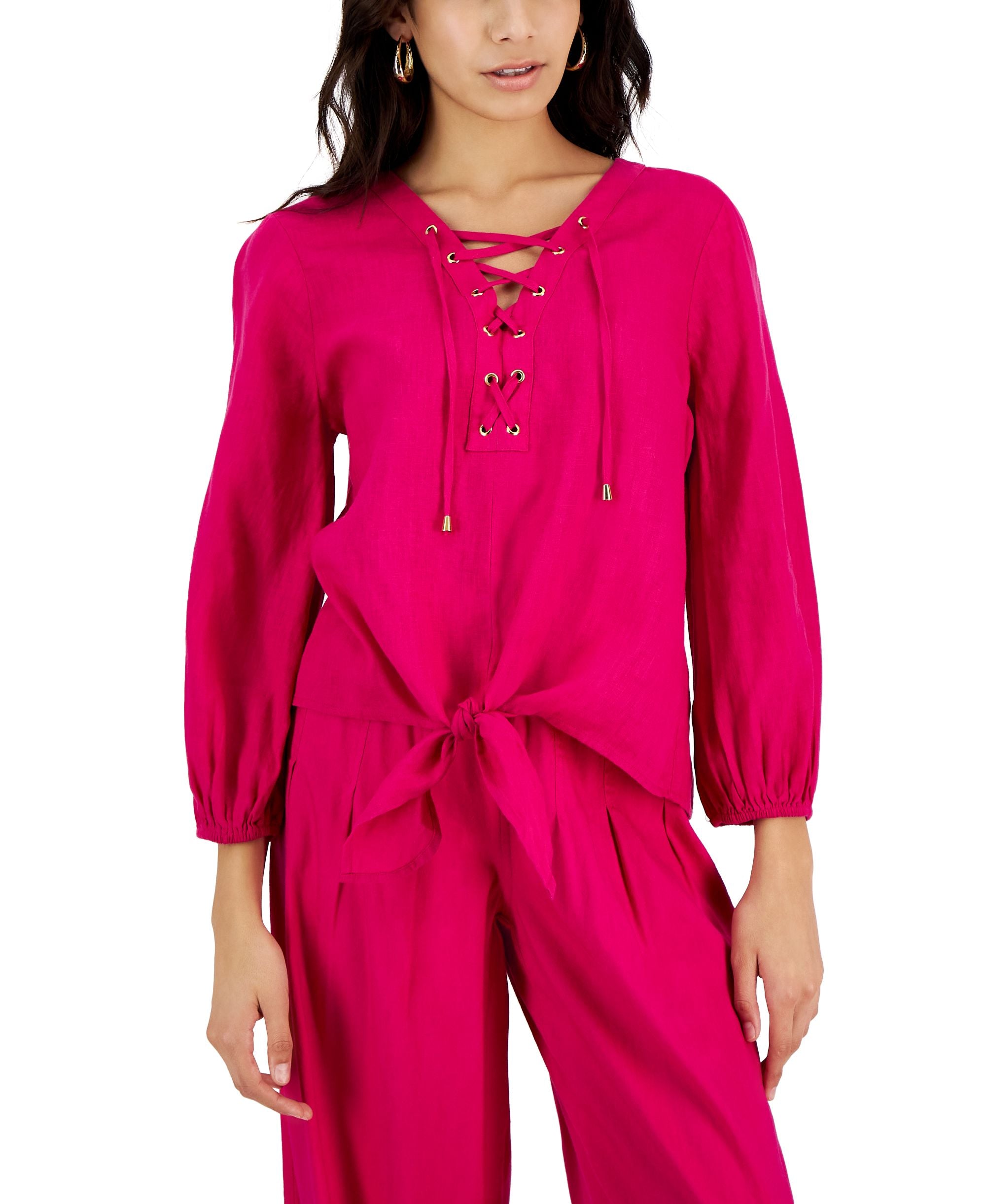 INC International Concepts Womens Lace Up Tie Hem Linen-Blend Signature Blouse
