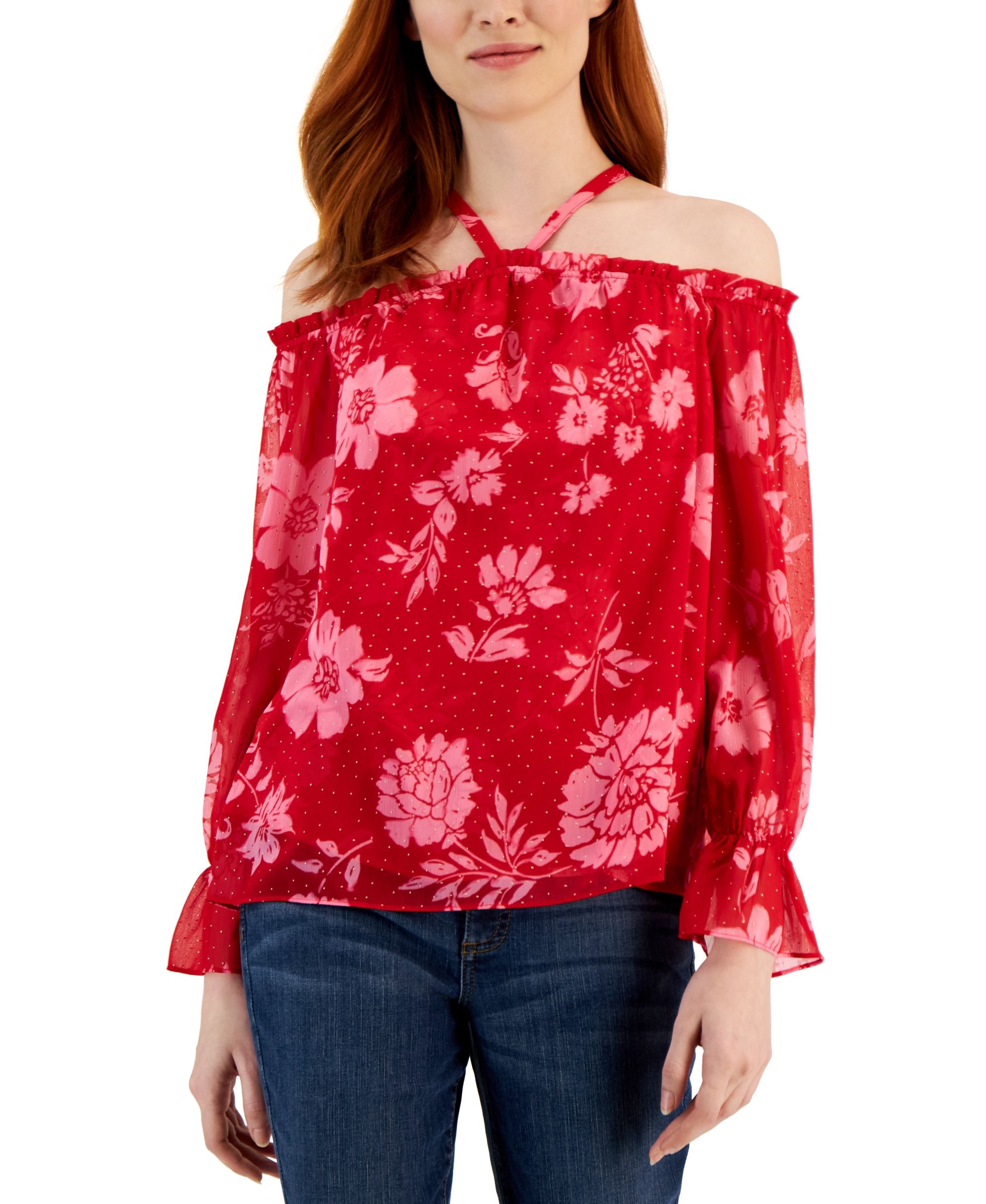 Women's Floral Print Cold-Shoulder Signature Blouse