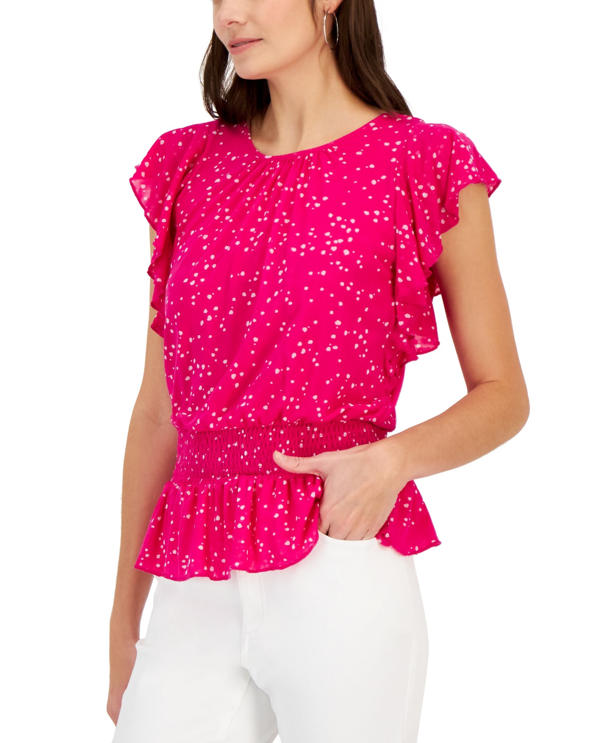 Women's Printed Flutter-Sleeve Peplum Premium Top
