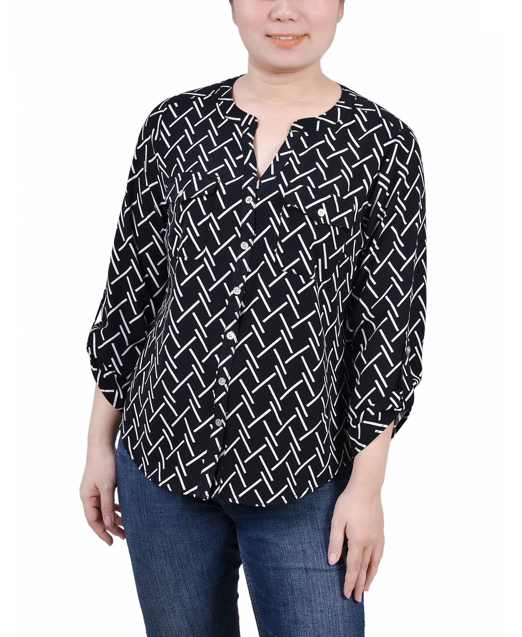 Petite 3/4 Sleeve Roll Tab Y Neck Signature Blouse