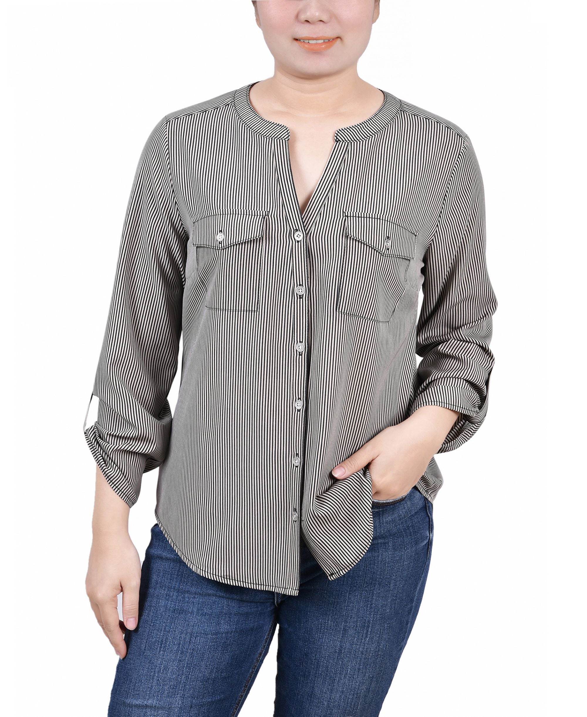 Petite 3/4 Sleeve Roll Tab Y Neck Signature Blouse