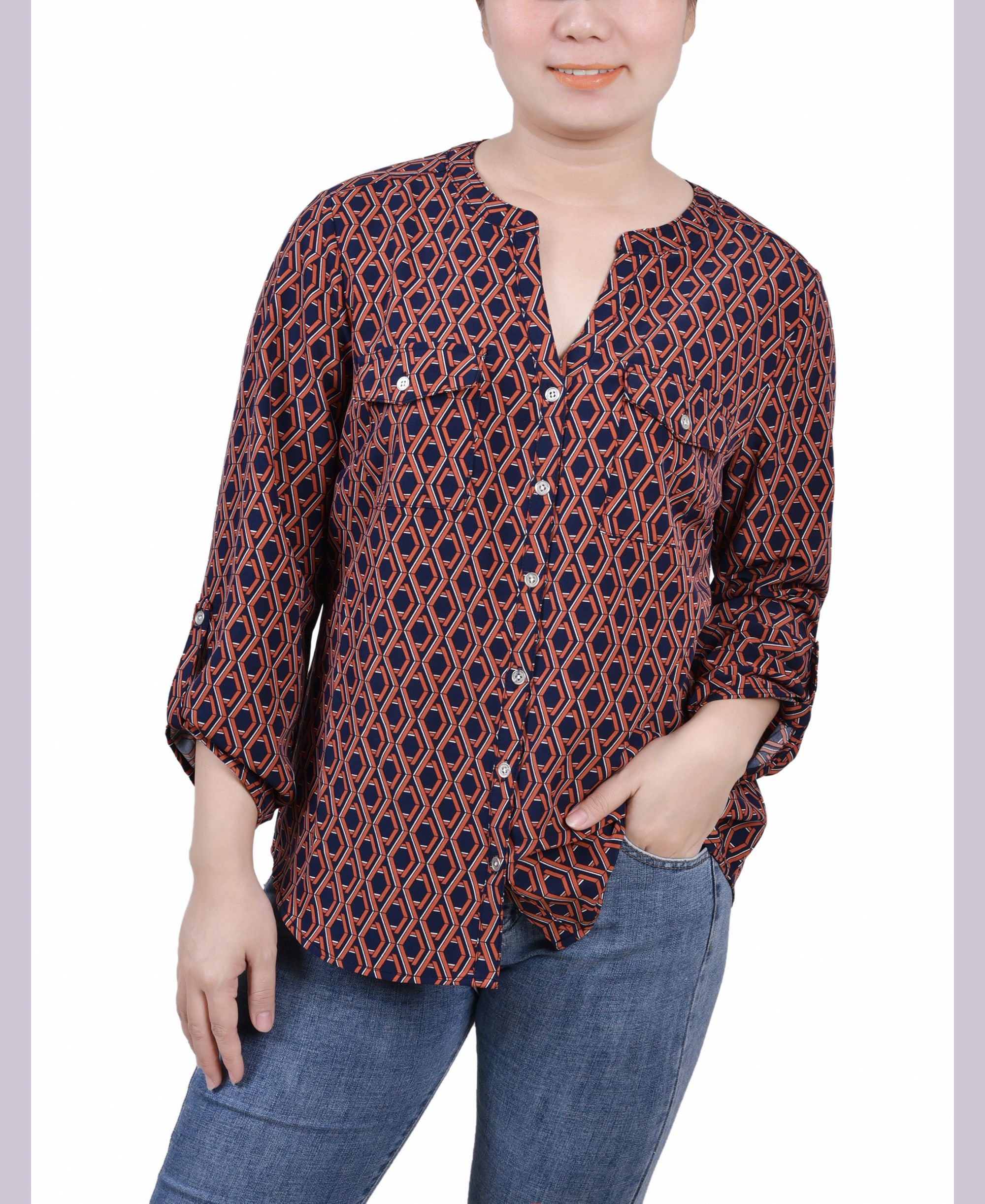 Petite 3/4 Sleeve Roll Tab Y Neck Signature Blouse