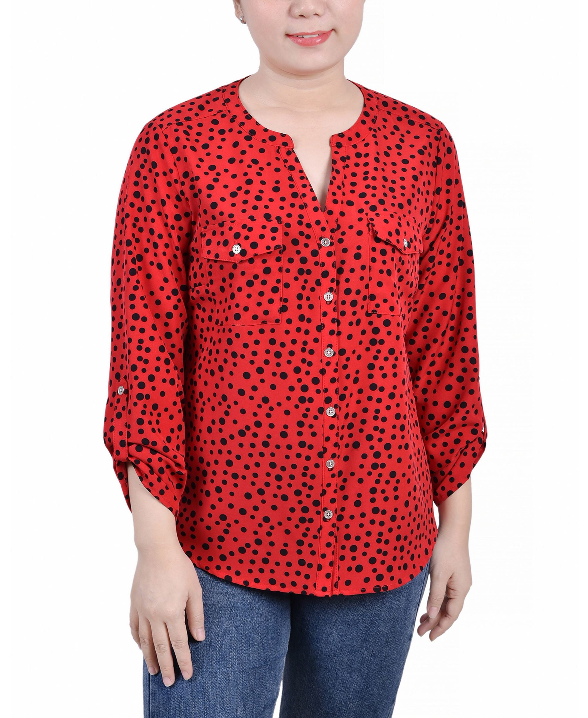 Petite 3/4 Sleeve Roll Tab Y Neck Signature Blouse