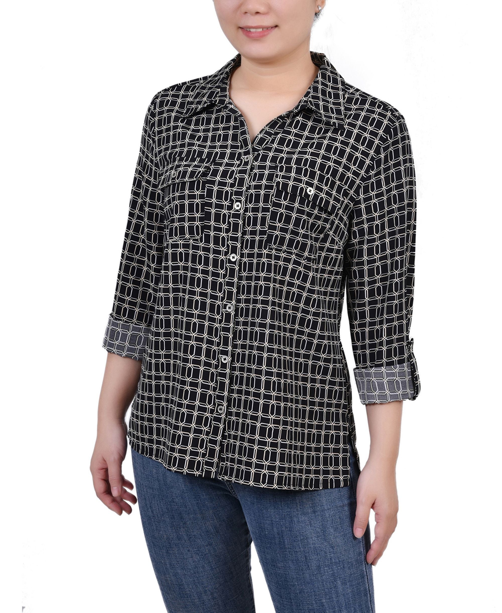 Petite 3/4 Sleeve Roll Tab Notch Collar Signature Blouse