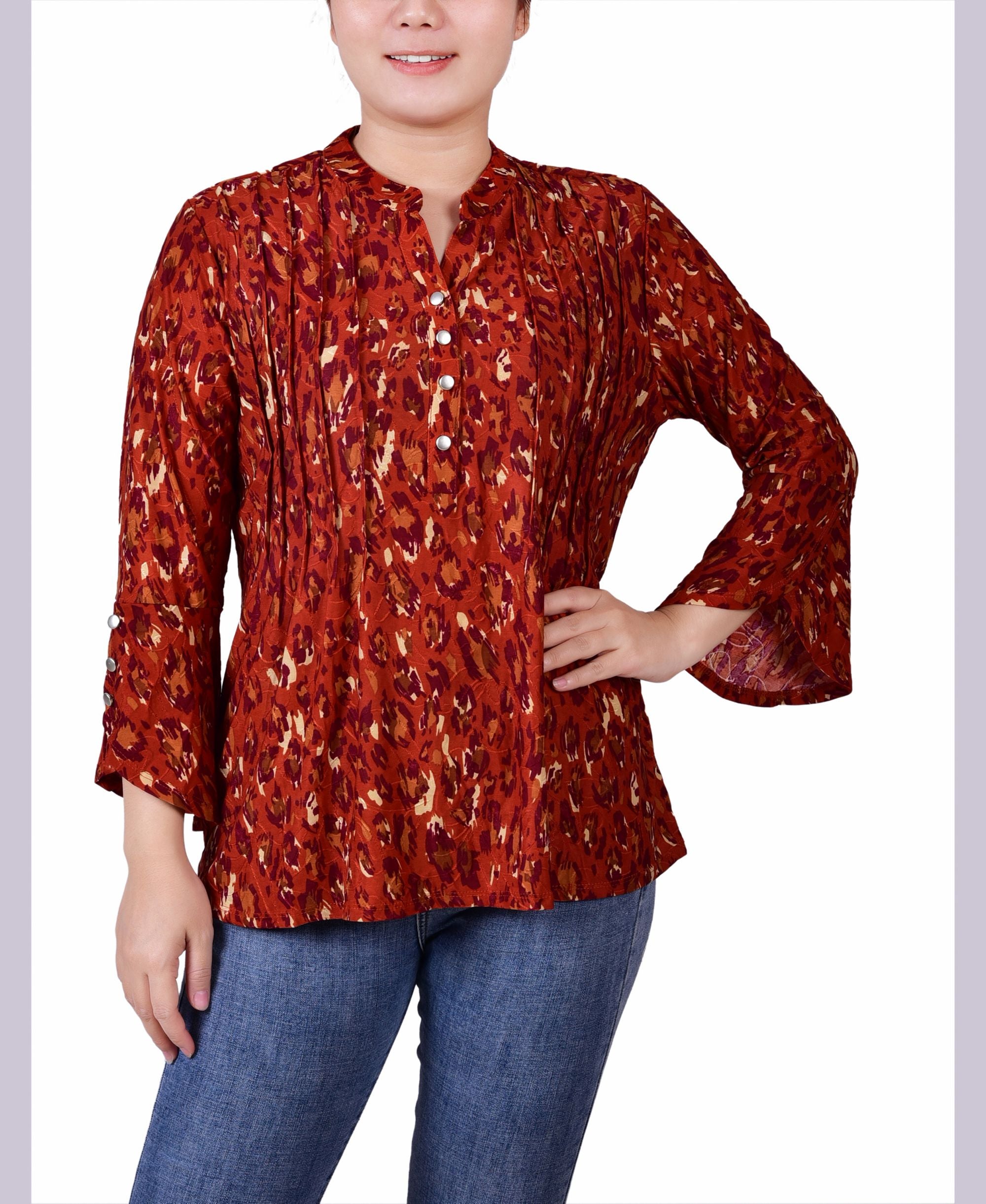 Petite 3/4 Sleeve Overlapped Bell Sleeve Y-neck Premium Top