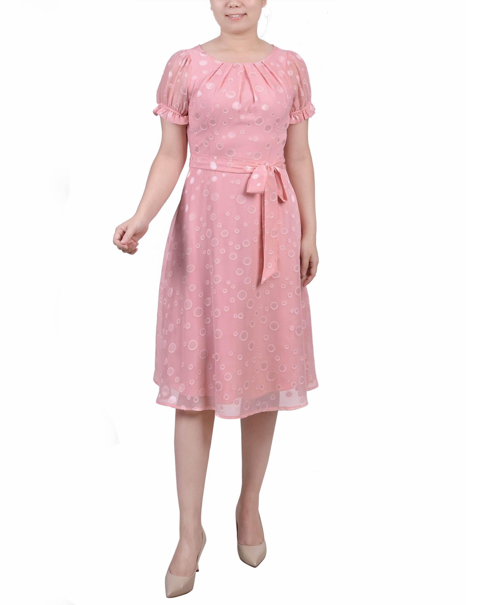 Petite Short-Sleeve Belted Swiss Dot Dress