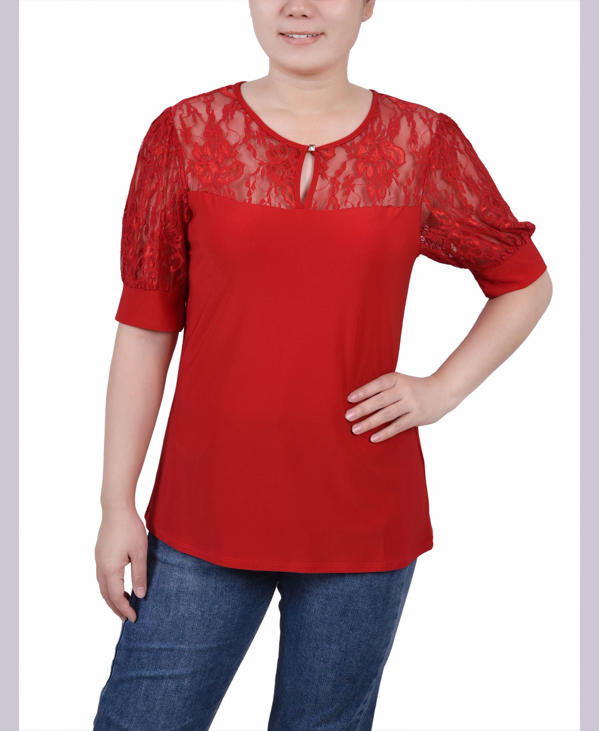 Petite Puff-Sleeve Lace Premium Top