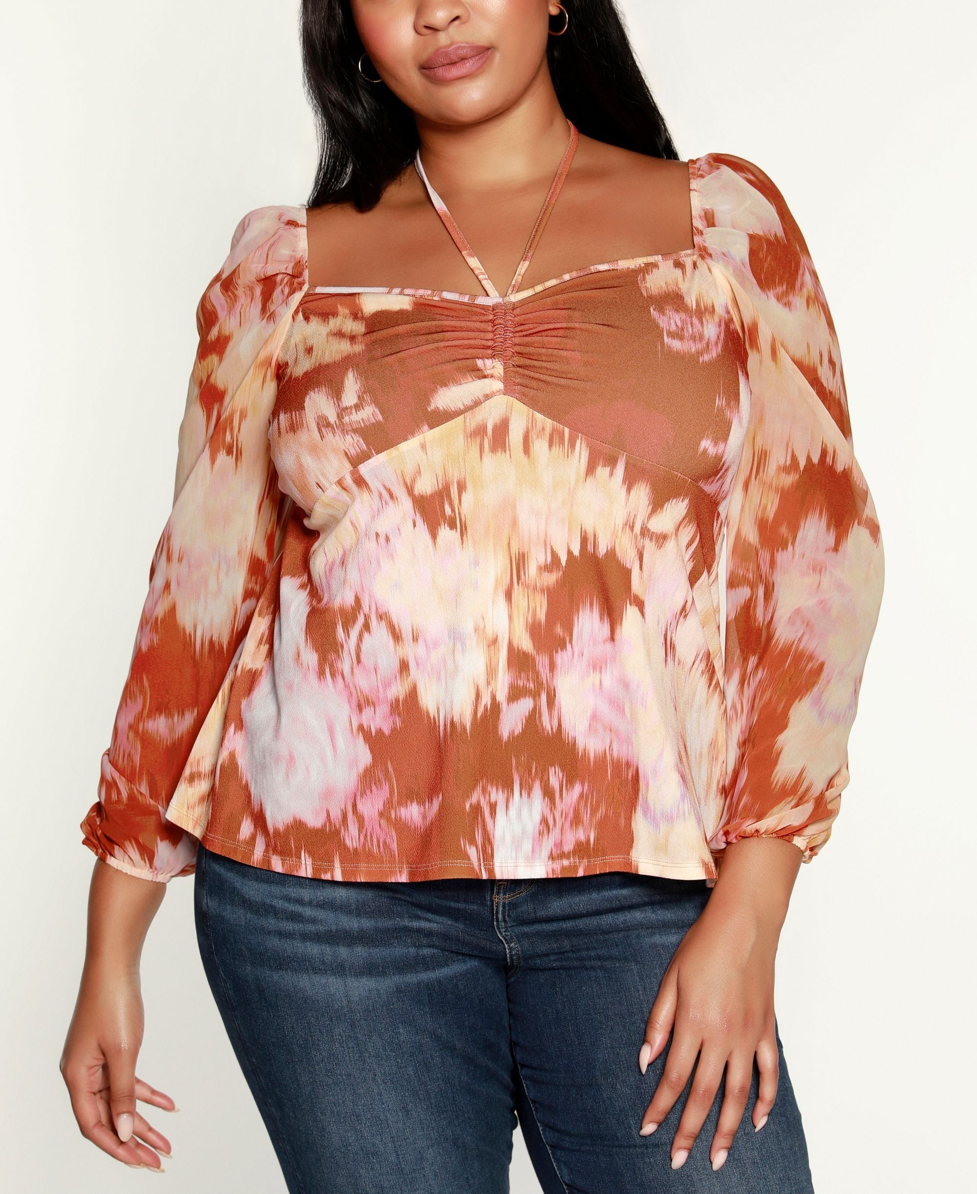 Belldini Black Label Plus Size Printed Blouson Sleeve Premium Top