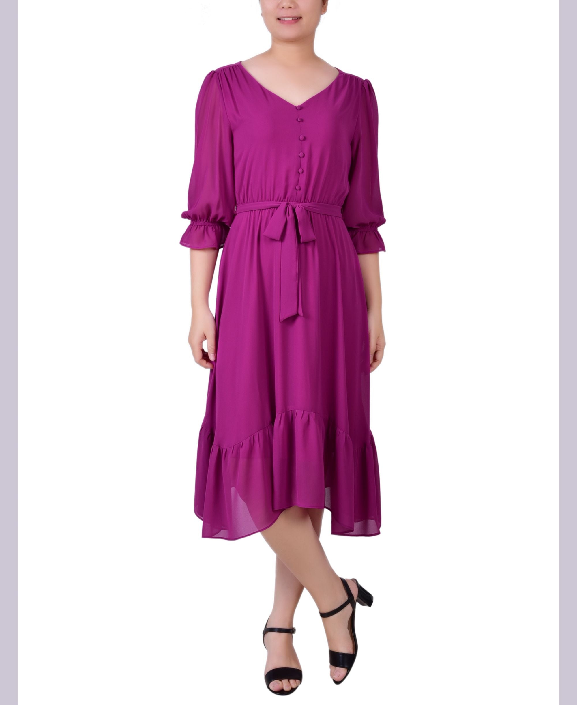 NY Collection Petite 3/4 Sleeve V Neck Flounced Dress