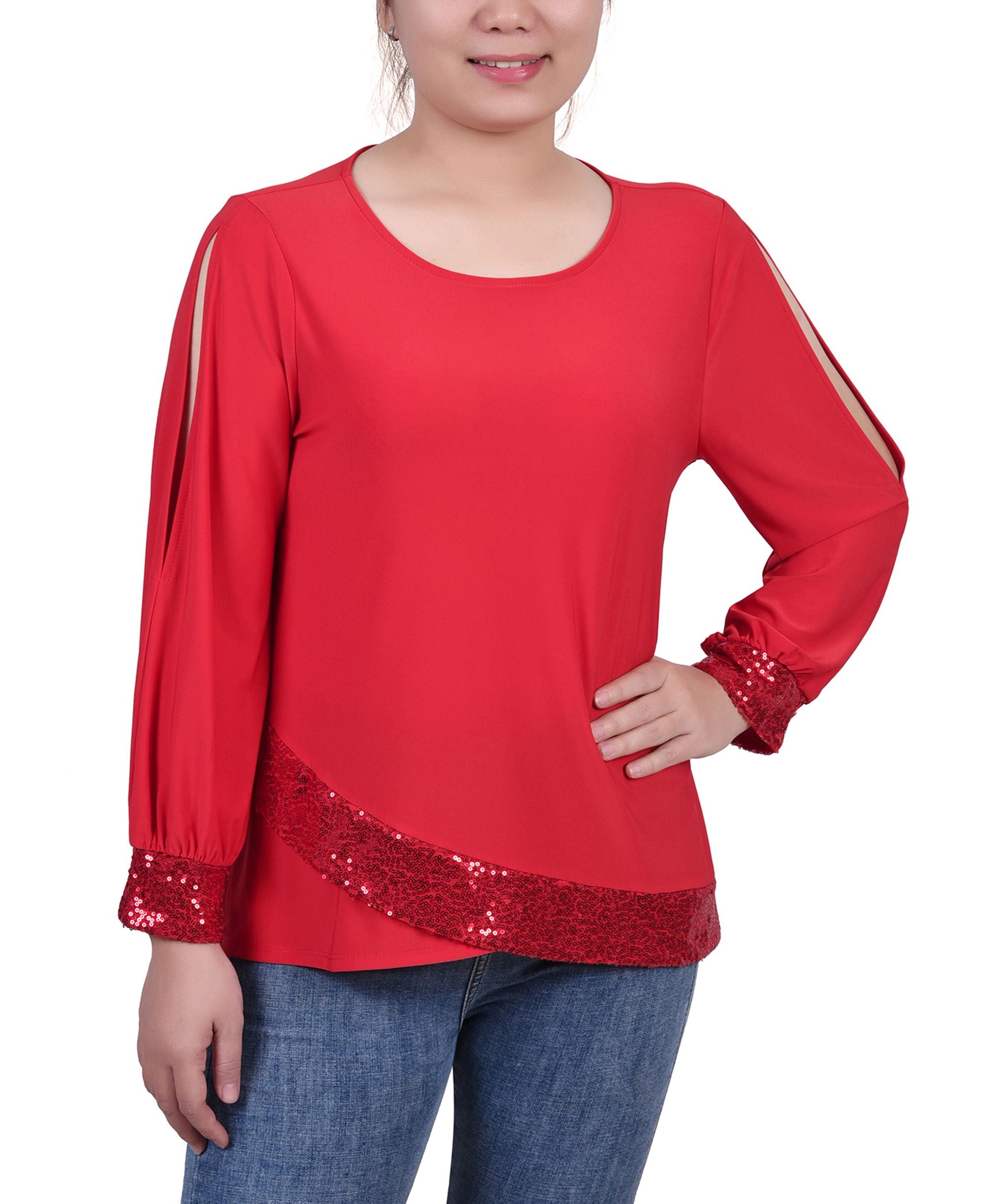 NY Collection Petite Long-Sleeve Knit Premium Top With Sequin Hem