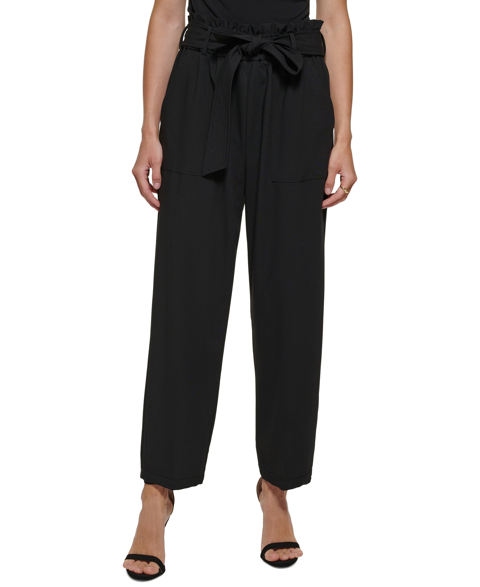 DKNY Petite Tie-Waist High-Rise Straight-Leg Signature Pants